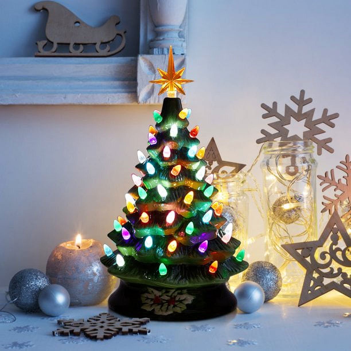 Fenbeli 15in Pre-Lit Hand-Painted Ceramic Tabletop Christmas Tree with 64 Lights - Green