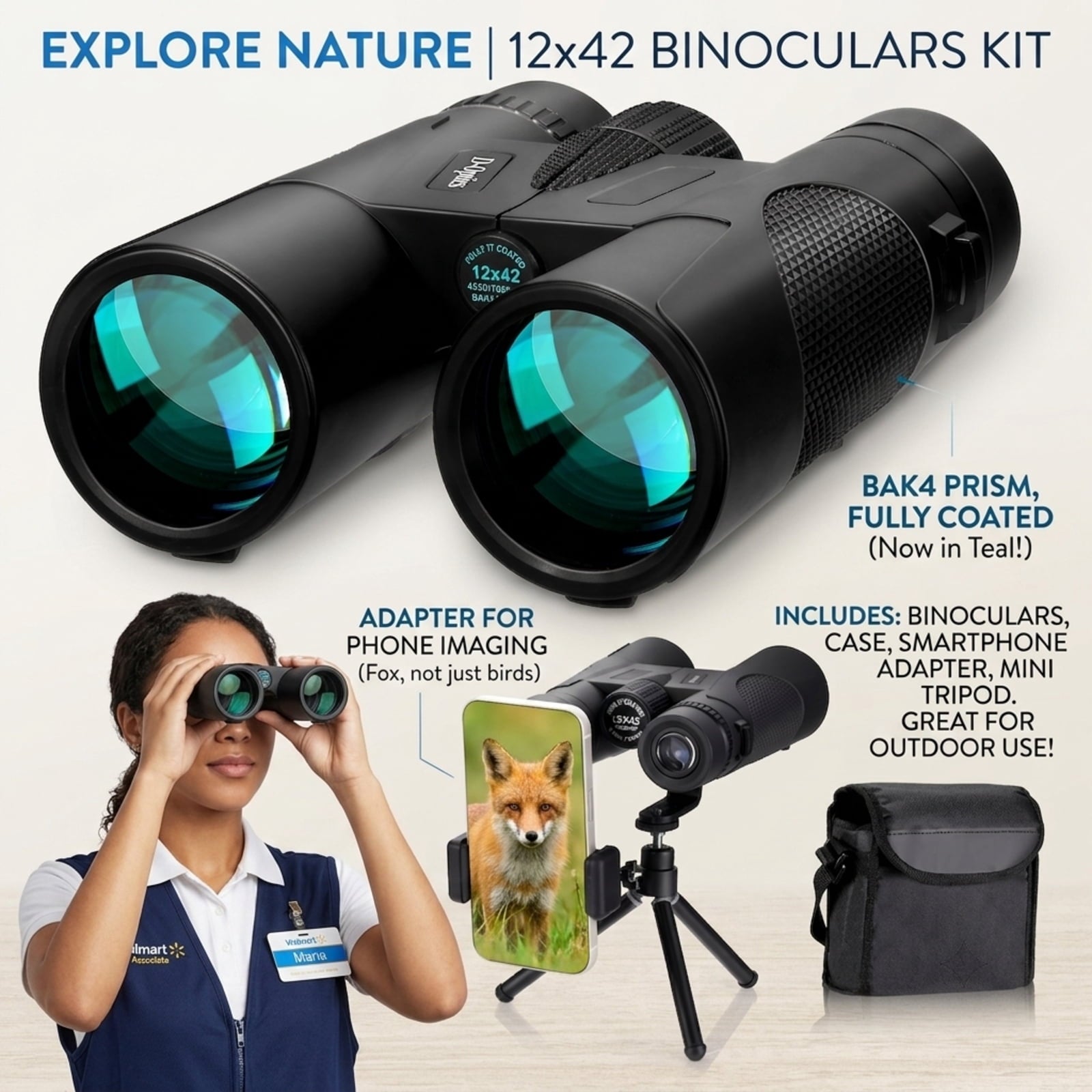 Fenbeli 12¡Á42 HD Roof Prism Binoculars with Phone Adapter and Tripod for Bird Watching and Hiking, Black