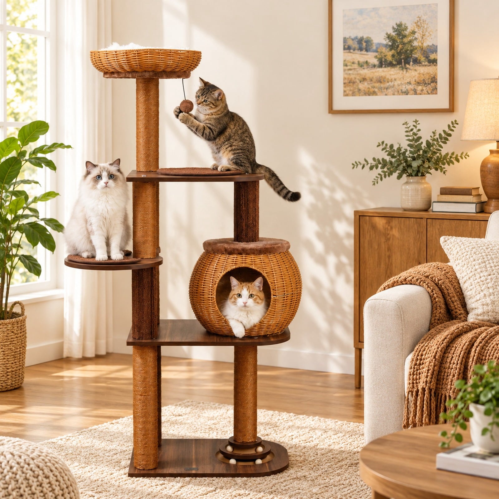 Fenbeli 59.5 Inch Cat Tree Multi-Level Cat Tower with PE Rattan Cat Condo and Top Perch, Platform 44 lbs Capacity, 23 x 16 x 59.5 Footprint