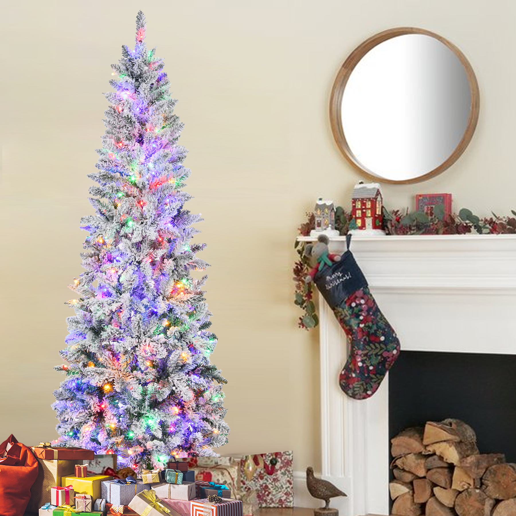 Fenbeli 7.5ft Pencil Prelit Christmas Tree with 350 LED Lights Artificial Slim Christmas Tree with Stand