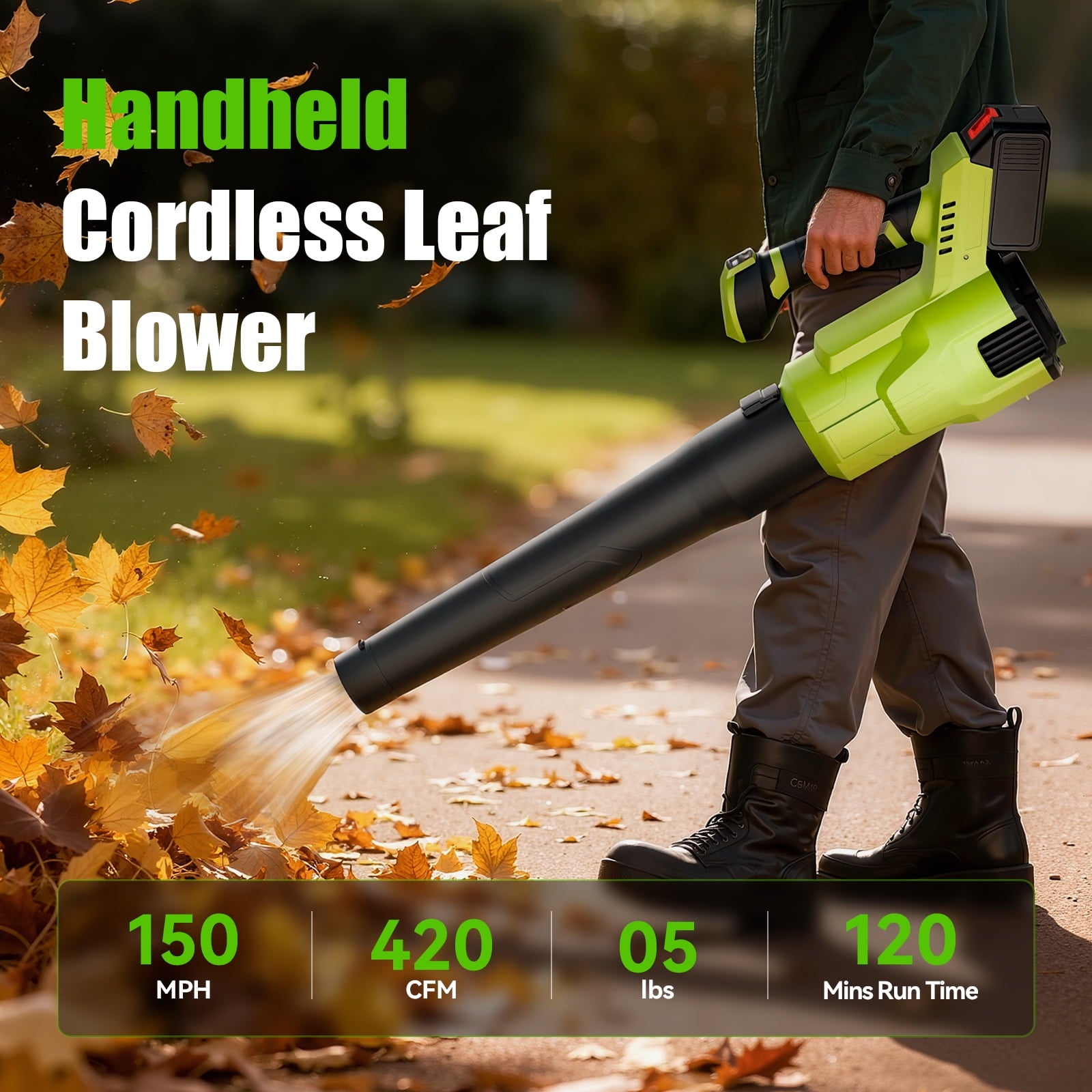 Fenbeli 21V Handheld Leaf Blower Cordless with 2x4.0Ah Battery 450CFM/150MPH Electric Leaf Blower for Lawn Care Green