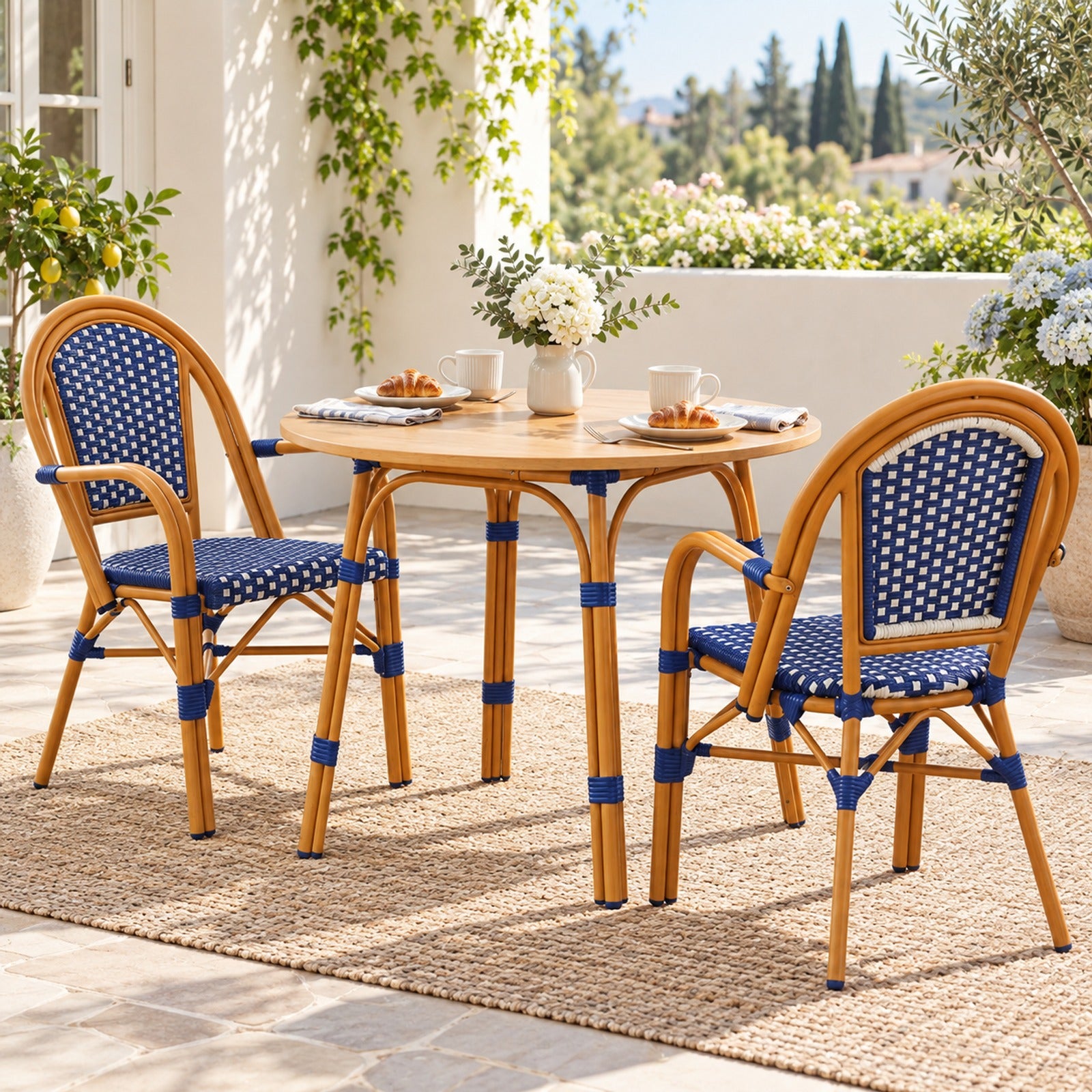 Fenbeli Hand-Woven PE Wicker Outdoor French Bistro Chairs Set of 2, Chair 400 lbs Capacity, PE Rattan Galvanized Metal Frame, Blue