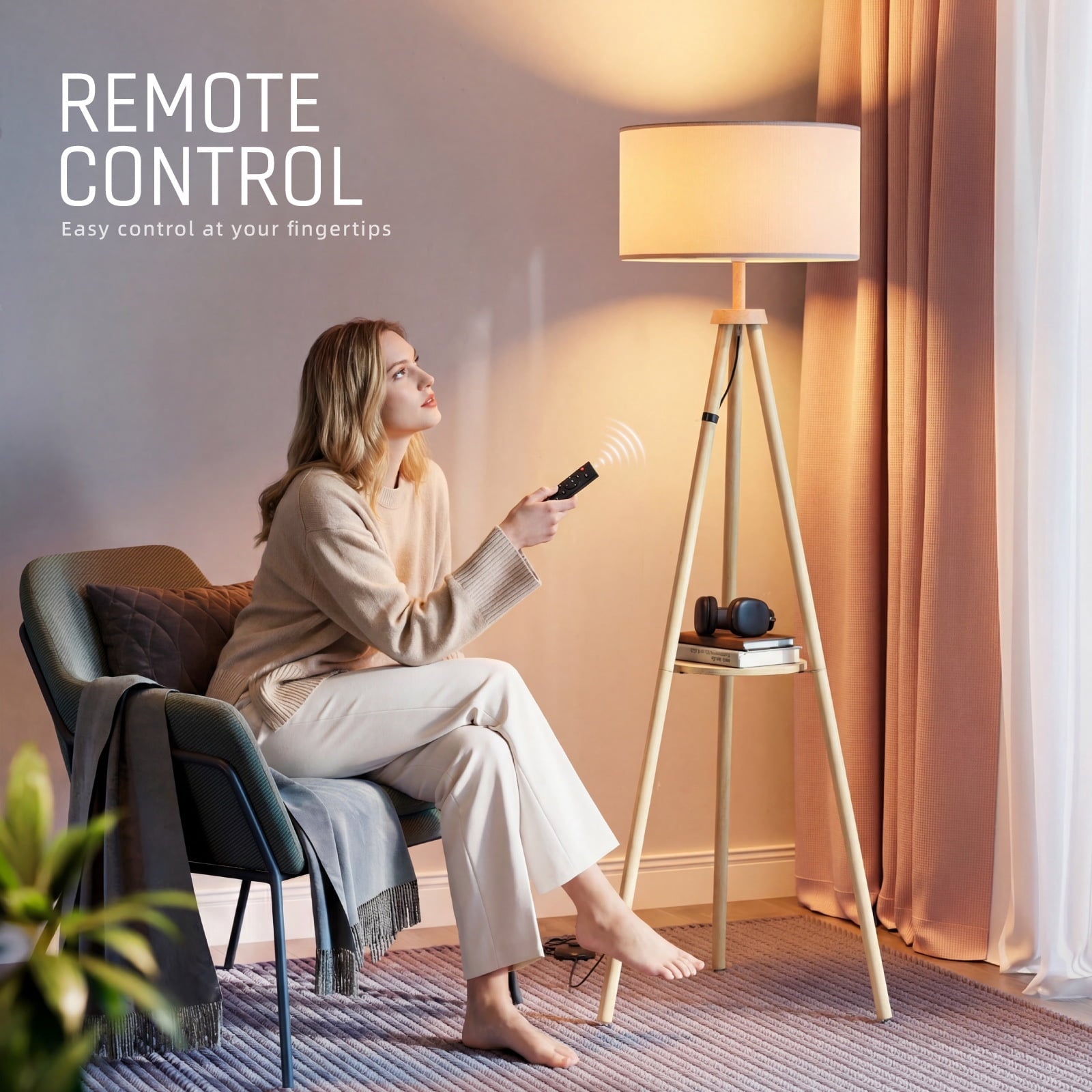 Fenbeli Tripod Floor Lamp with Shelf, 59 Wood Standing Lamp with Remote and APP, Dimmable 3 Color Temperature RGB LED Bulb Included, Linen Shade for Living Room Bedroom, Natural