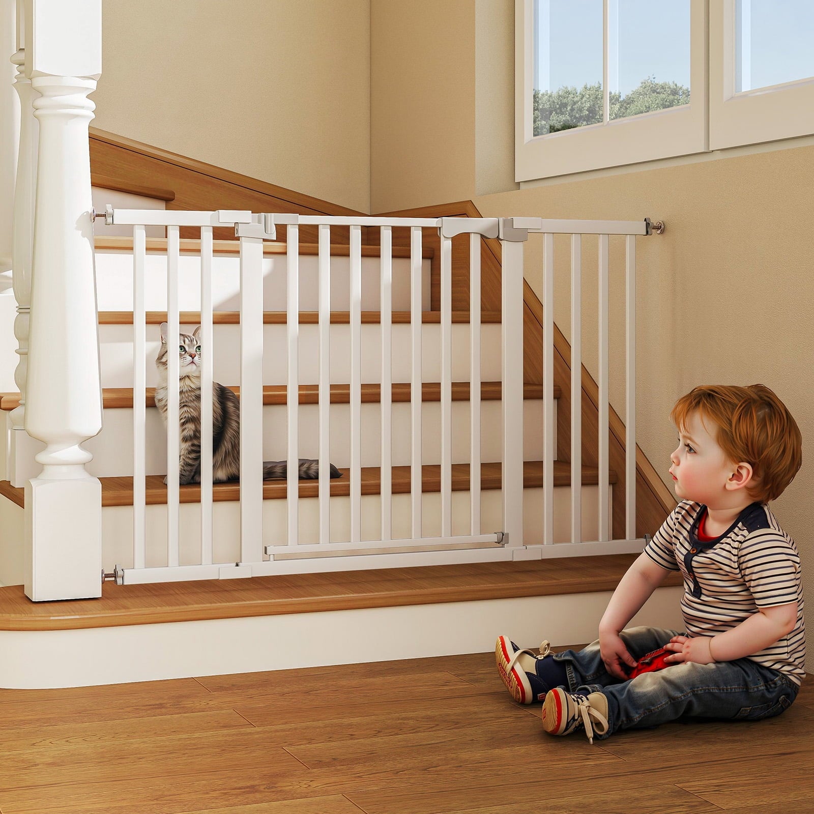 Fenbeli 30-50 Baby Gates for Doorway Auto Close Pet Gate Gifts for Mom Easy Install Pressure Mounted Dog Door White