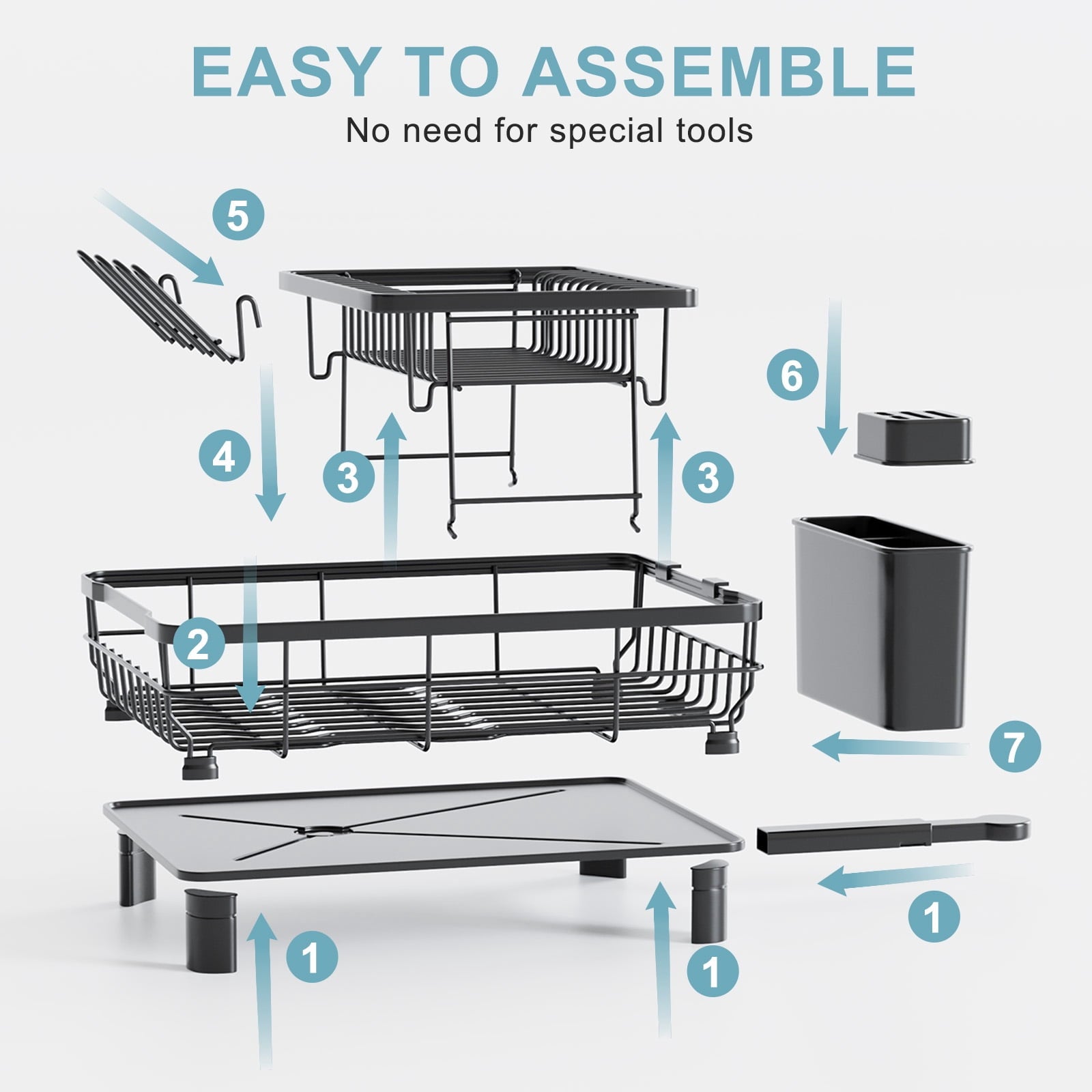 Fenbeli 2-Tier Dish Drying Rack,Dish Rack with Cutlery and Utensil Holders for Kitchen Counter,Black