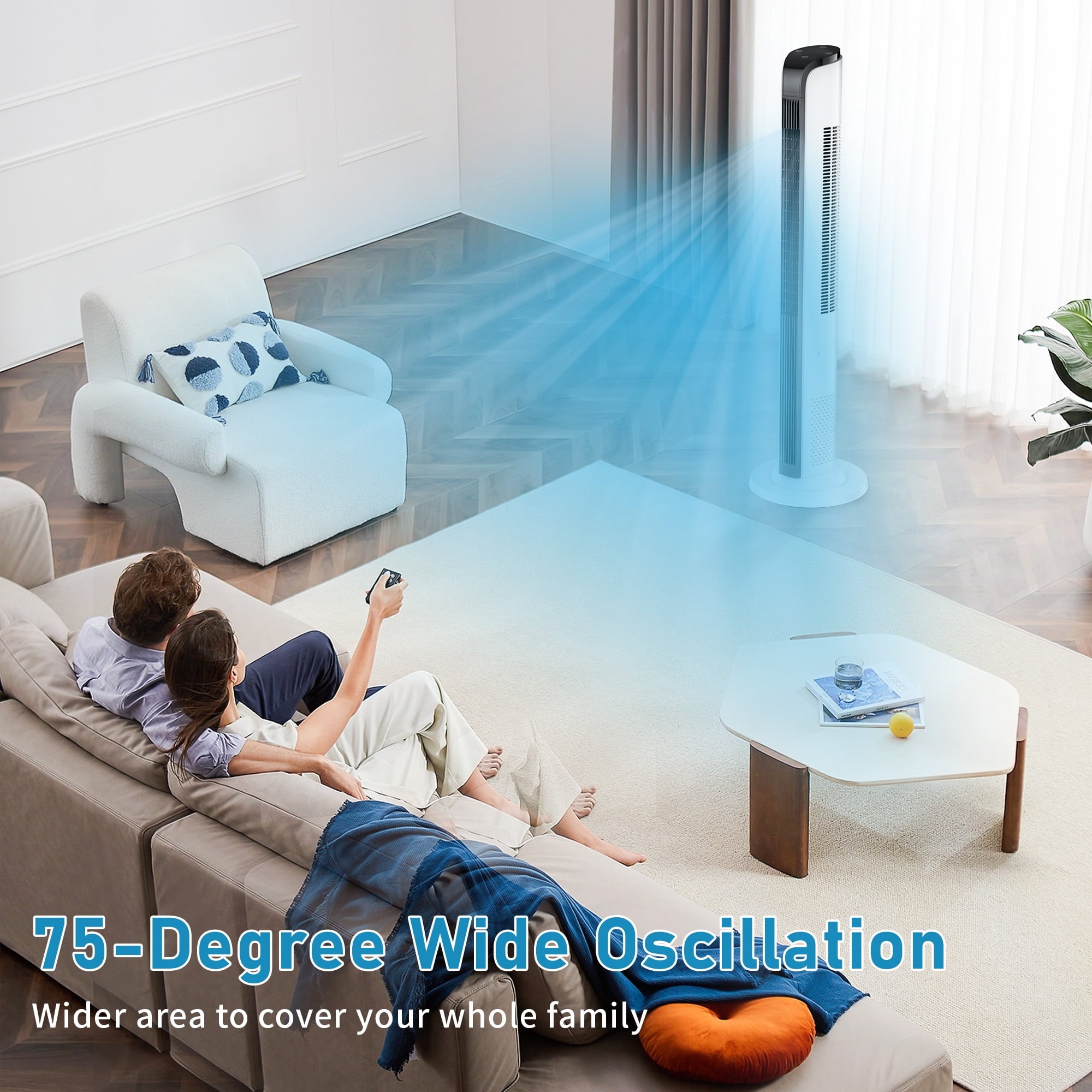 43inch Tower Fans for Home with Remote for Bedroom with 3 Speeds, 3 Modes, White