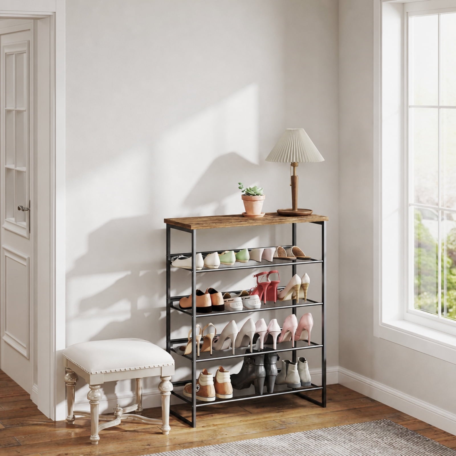 Fenbeli 5-Tier Metal Shoe Rack Free Standing Storage Organizer Holds 15 Pairs for Entryway and Closet, Black