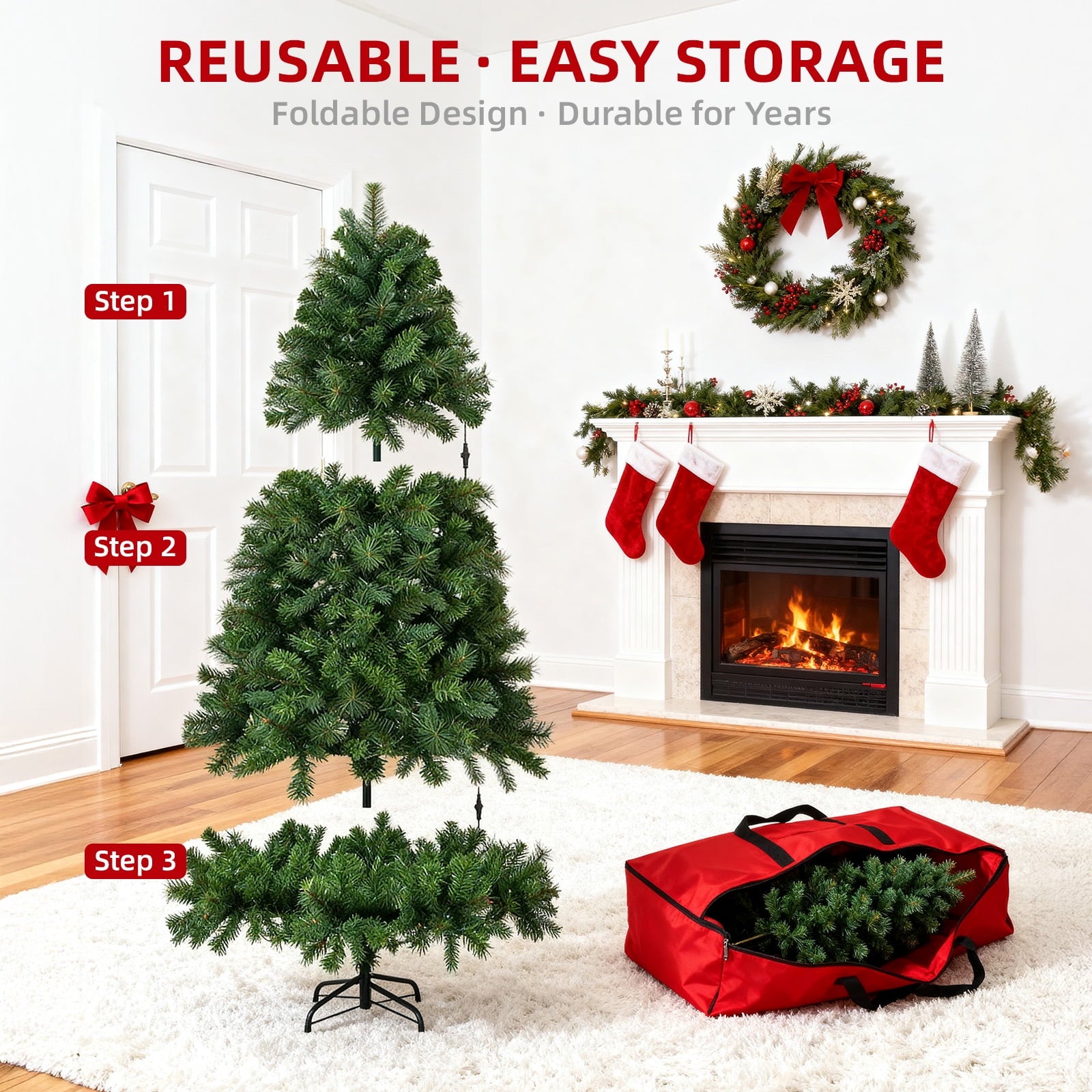 Fenbeli 7.5ft Pre-Lit Artificial Christmas Tree with 400 Multicolored LED Lights, 8 Sequences, Green