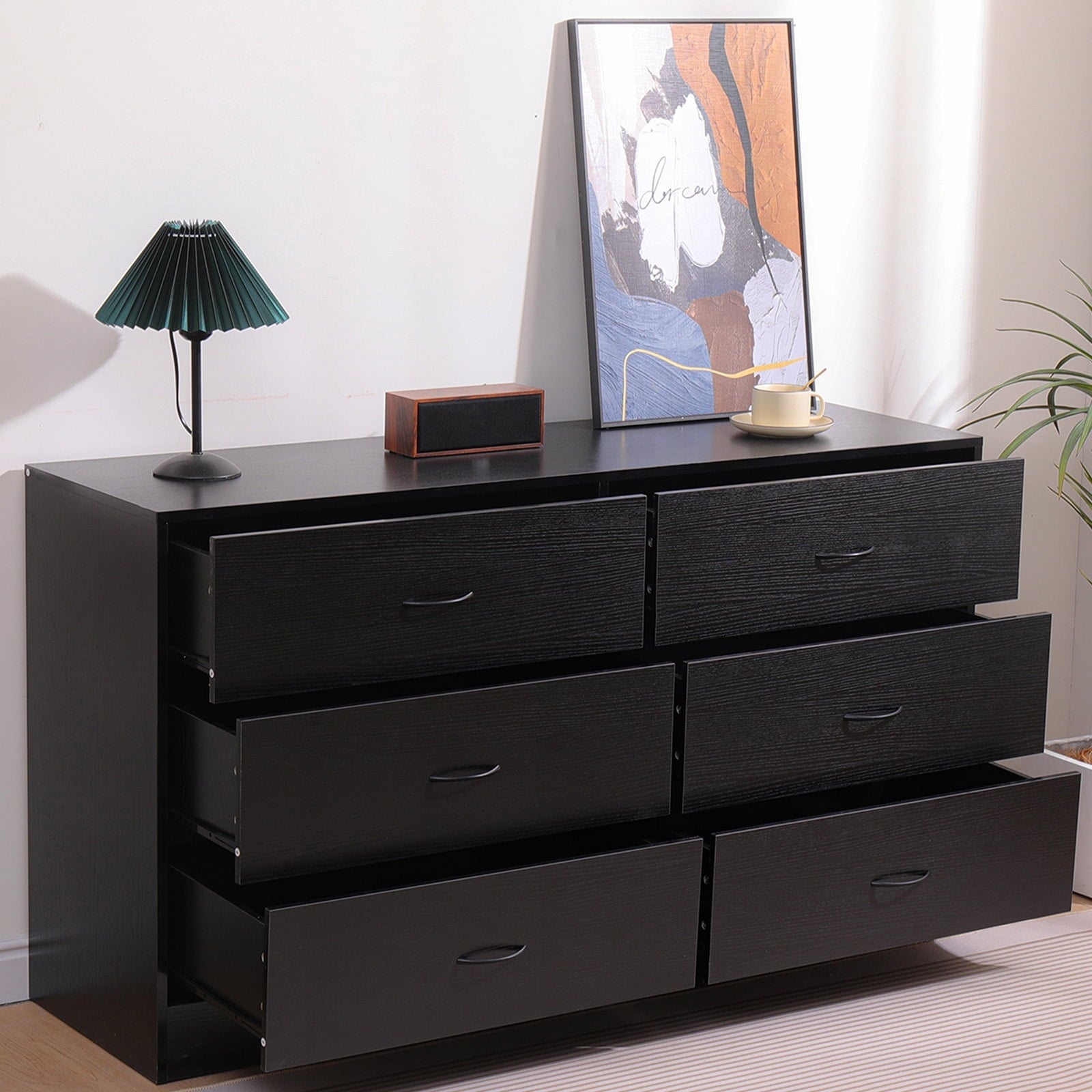 Fenbeli Modern 6 Drawer Dresser for Bedroom, Black Drawer Dresser with Metal Handles, Storage Chest for Bedroom, Living Room, Office
