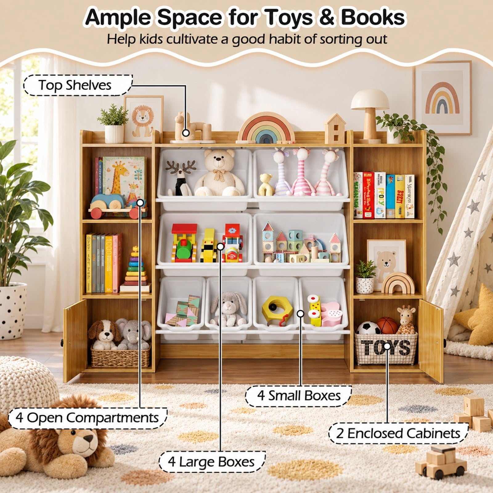 Fenbeli Kids Toy Storage and Bookshelf with Boxes and Open Shelves, 385 lbs Capacity, Engineered Wood Frame, for 3+ Years Old Total, Beige