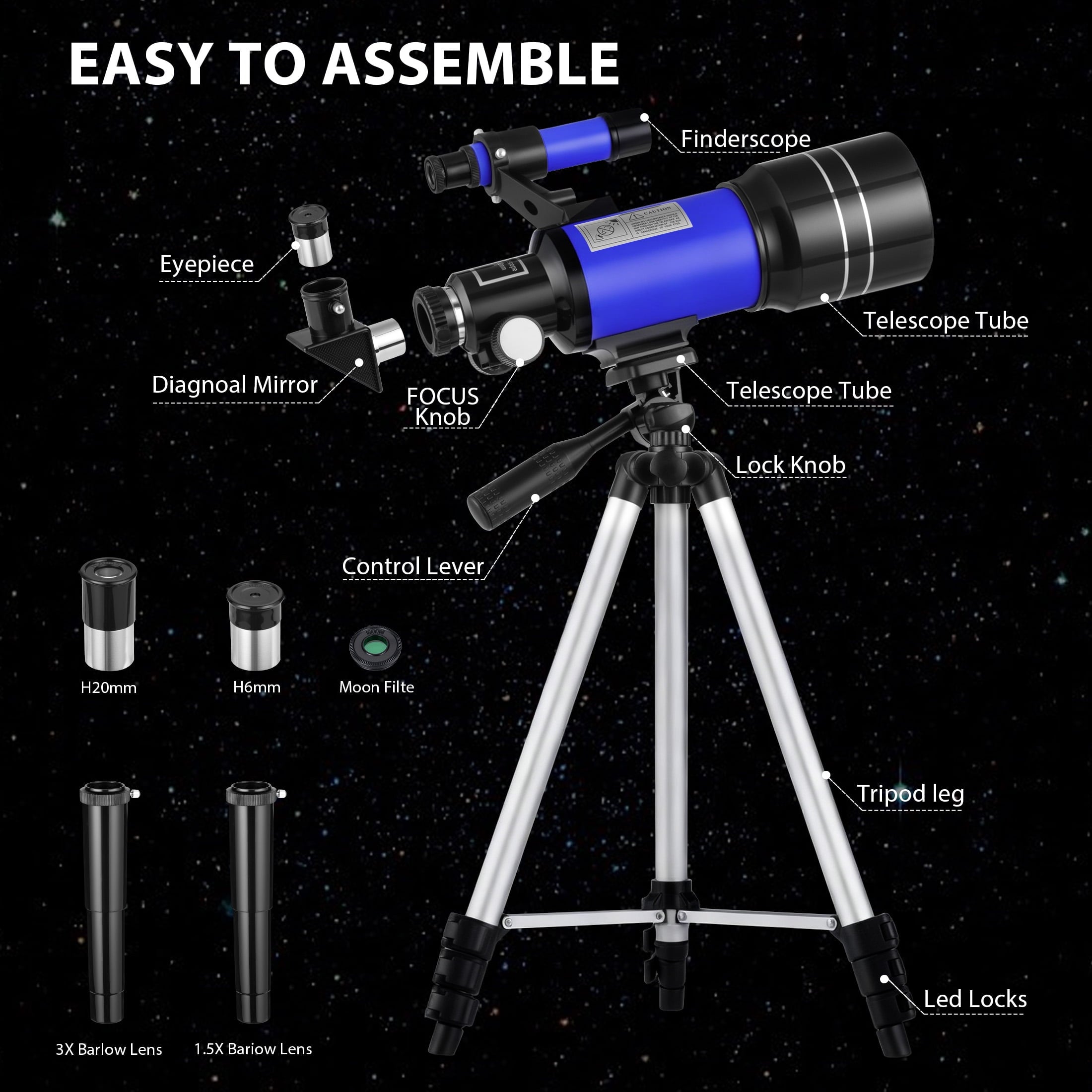 Furnibear Telescope for Kids and Adults 70mm Aperture High Powered Refractor Astronomy Telescope with Tripod and Phone Adapter,Blue