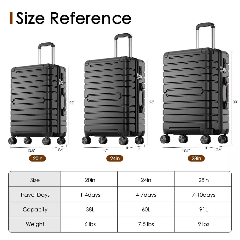 Fenbeli 3 Piece Hardshell Luggage Set TSA Locks ABS+PC Suitcases Set with Wheels for Travel Business Black Gray (20/24/28)