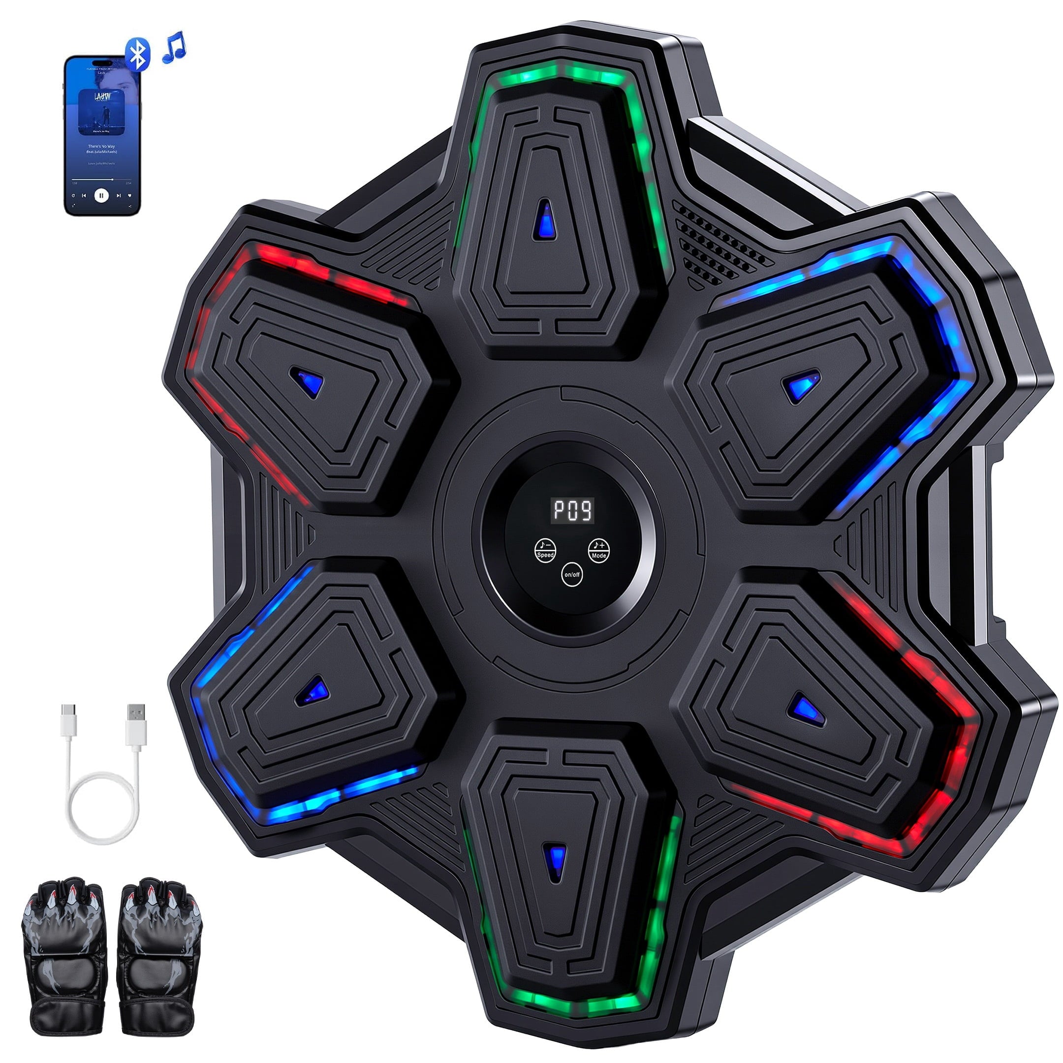 Fenbeli Smart Boxing Trainer Wall-Mounted Punching Pad with LED Lights Music and 8 Rhythm Modes 3 Mounting Options for Home Reaction Training, Black