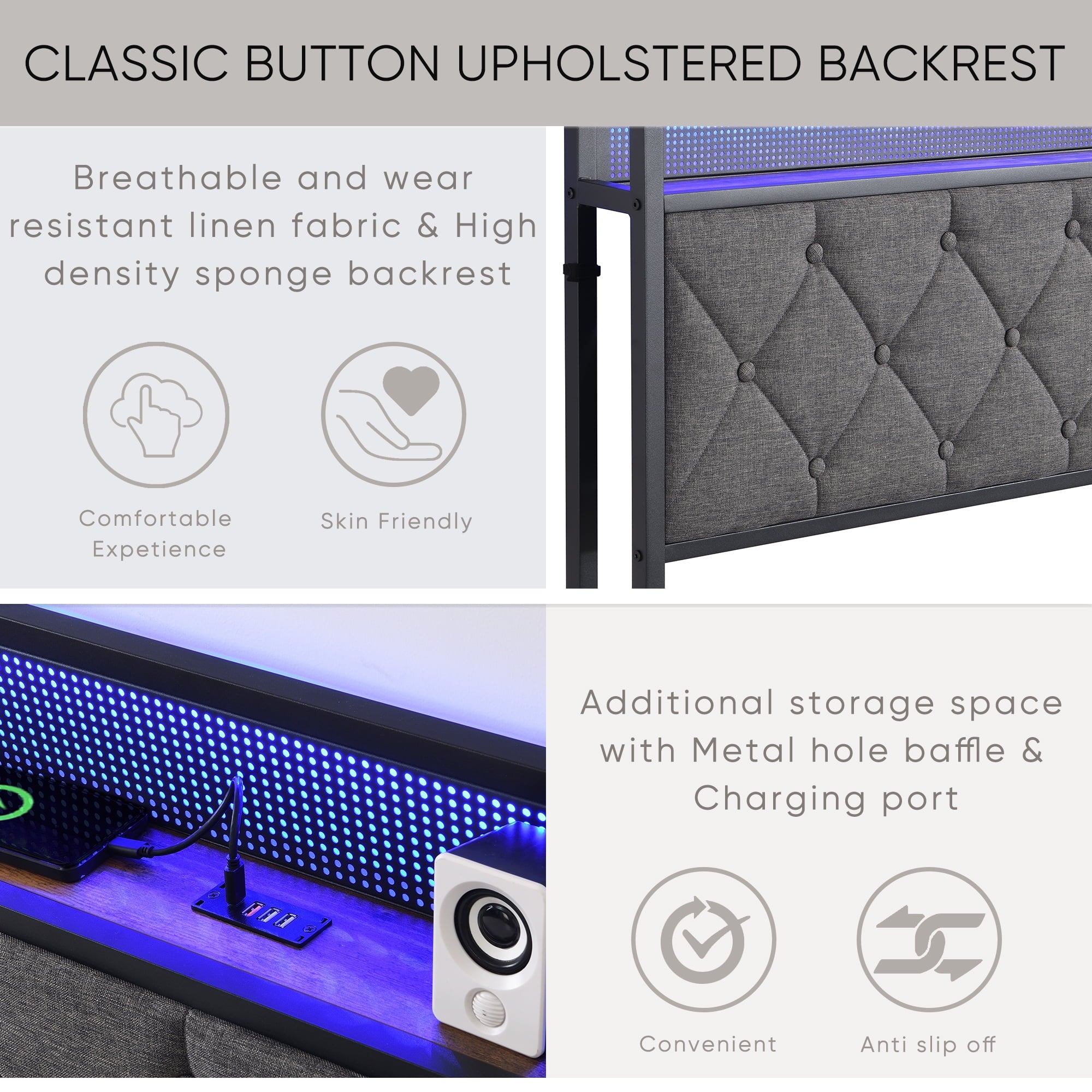 Furnibear King Bed Frame with RGB LED Lights, Charging Station And Storage Headboard | Reinforced Platform | Easy Assembly, Dark Gray
