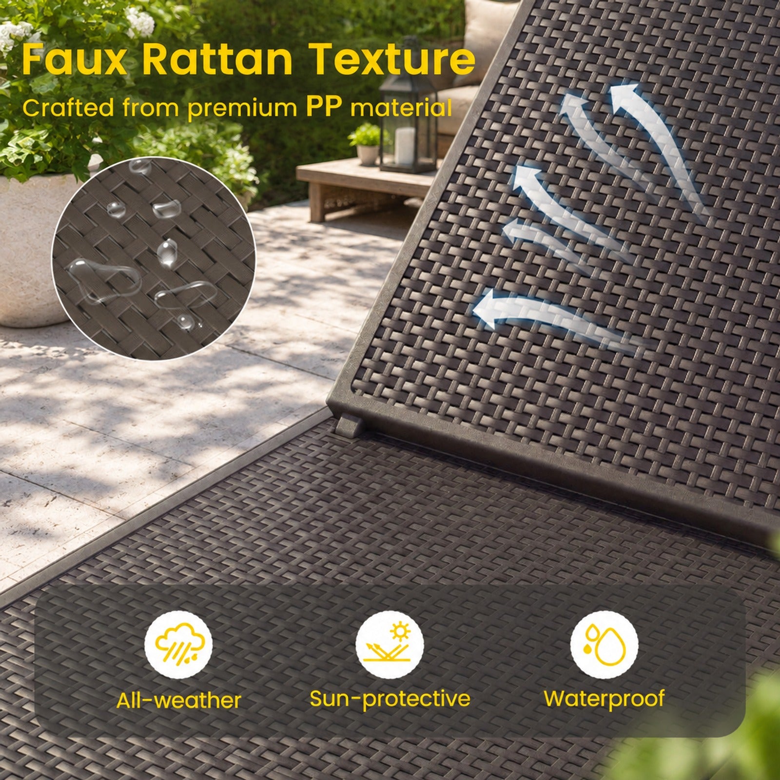 Fenbeli Outdoor Chaise Lounger Chair with Waterproof Rattan Textured PP Surface and 330 lbs Capacity, 330 lbs Capacity, PP Frame, Brown