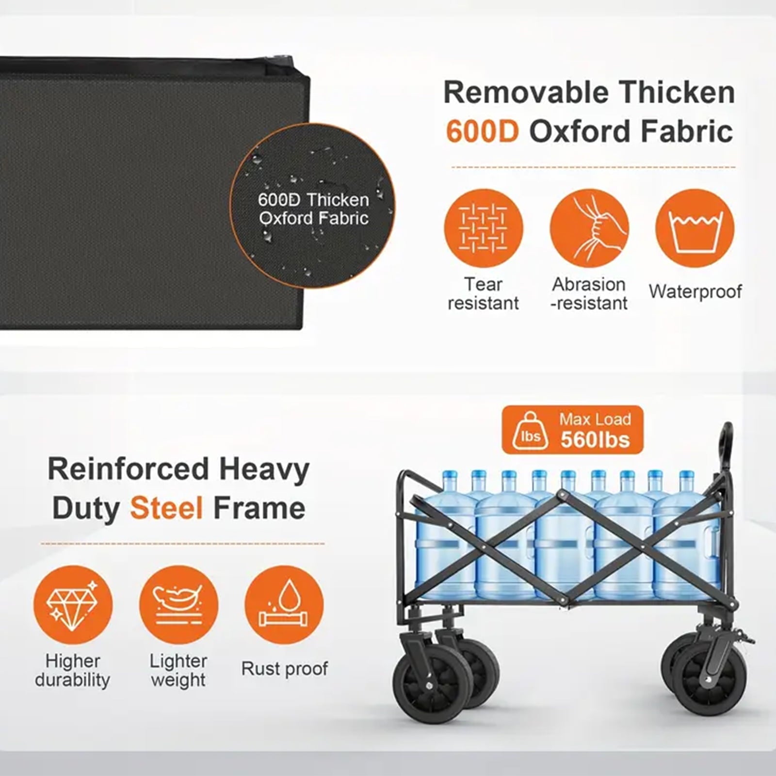 Fenbeli Large Collapsible Folding Wagon with Oversized Tank Wheels for Sports, Shopping, Camping Kids, Black