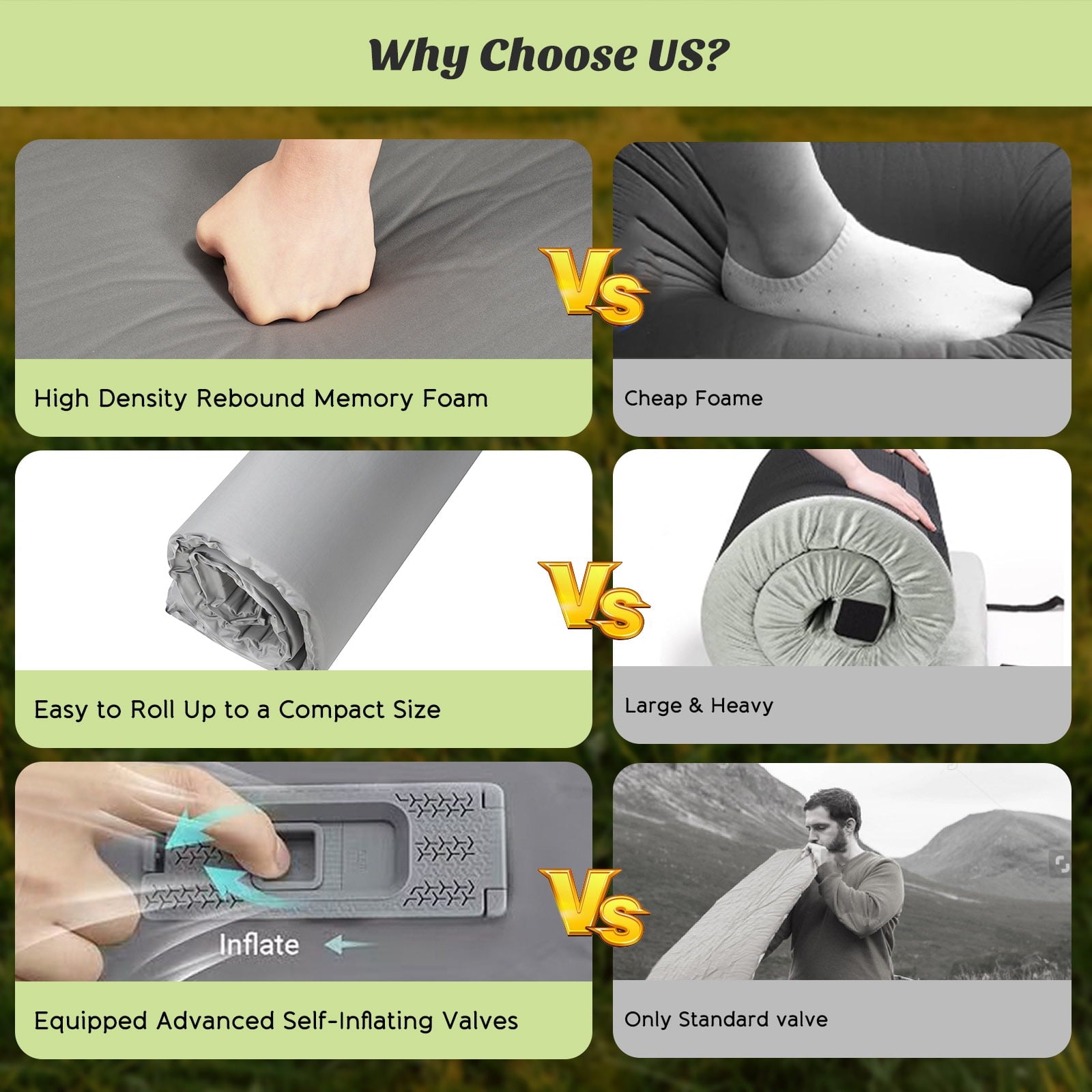 Fenbeli Self Inflating Sleeping Pad 3.2 Thick Memory Foam Camping Pad with Pillow 4-Season Camp Mat for Tent Gray