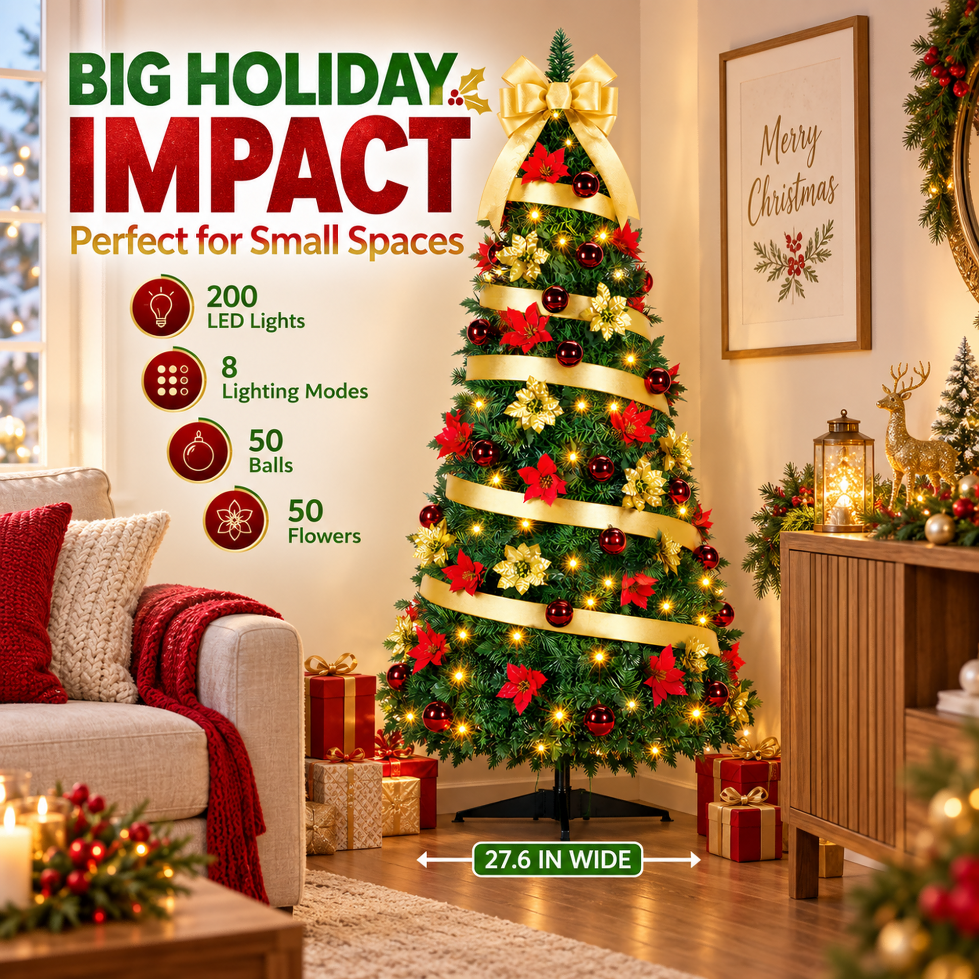 Fenbeli 6ft Pop-Up Pre-Lit Pencil Christmas Tree, 200 LED Lights, 8 Modes, 50 Balls, 50 Flowers, Gold Bow for Holiday Party Decor