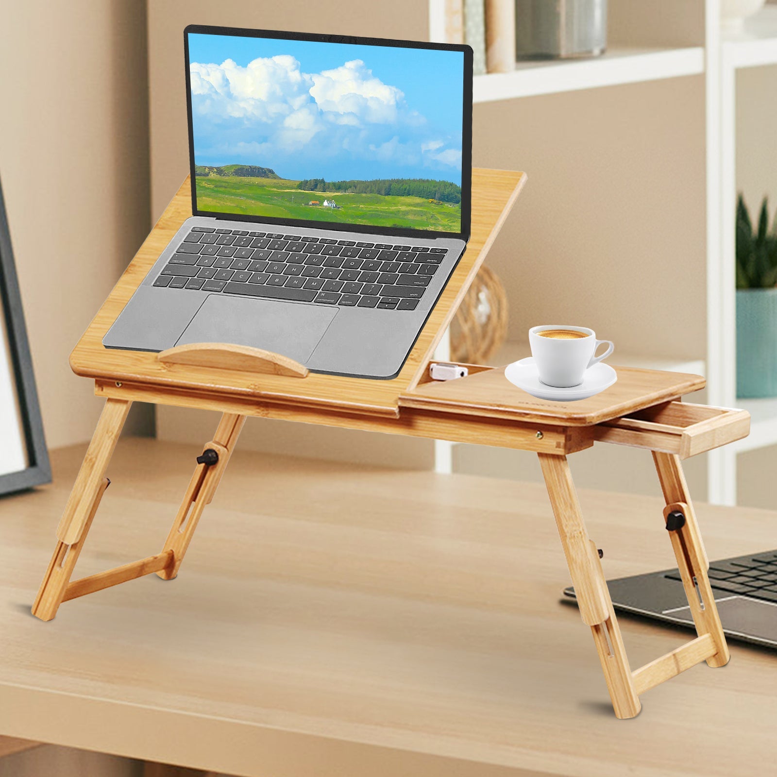 Bamboo Laptop Desk Adjustable Folding Bed Tray with Drawer