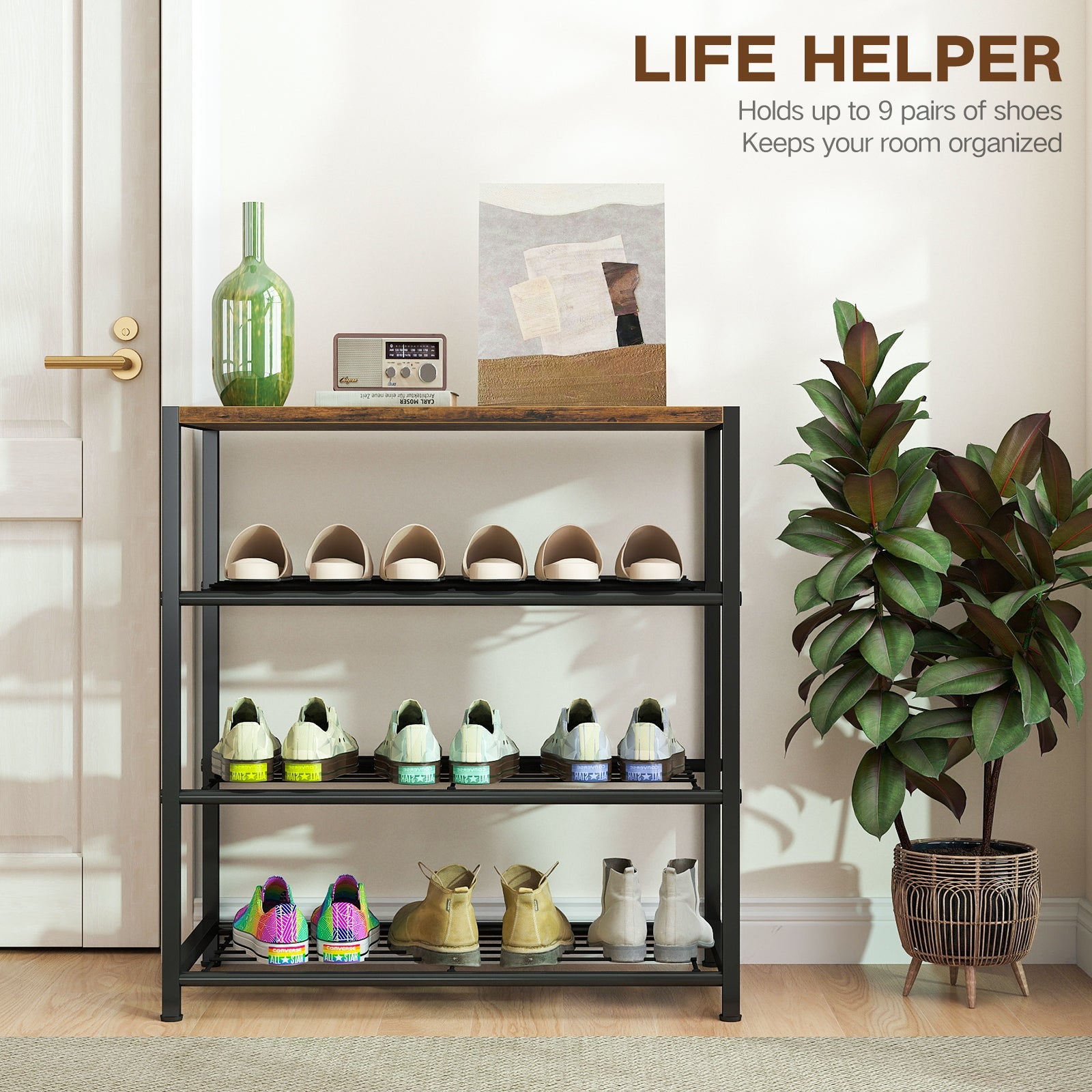 4-Tier Shoe Rack Metal Storage Organizer with Wood Top Board