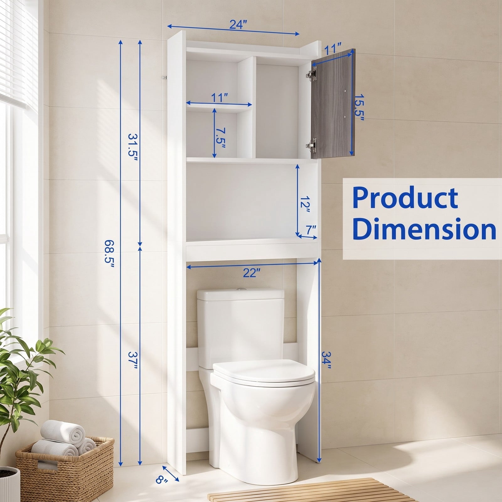 Fenbeli 4-Tier Space, MDF Engineered wood Frame, 24 x 8 x 68.5 Footprint, White rustic grey, Easy to assemble and cleanInstallation guide