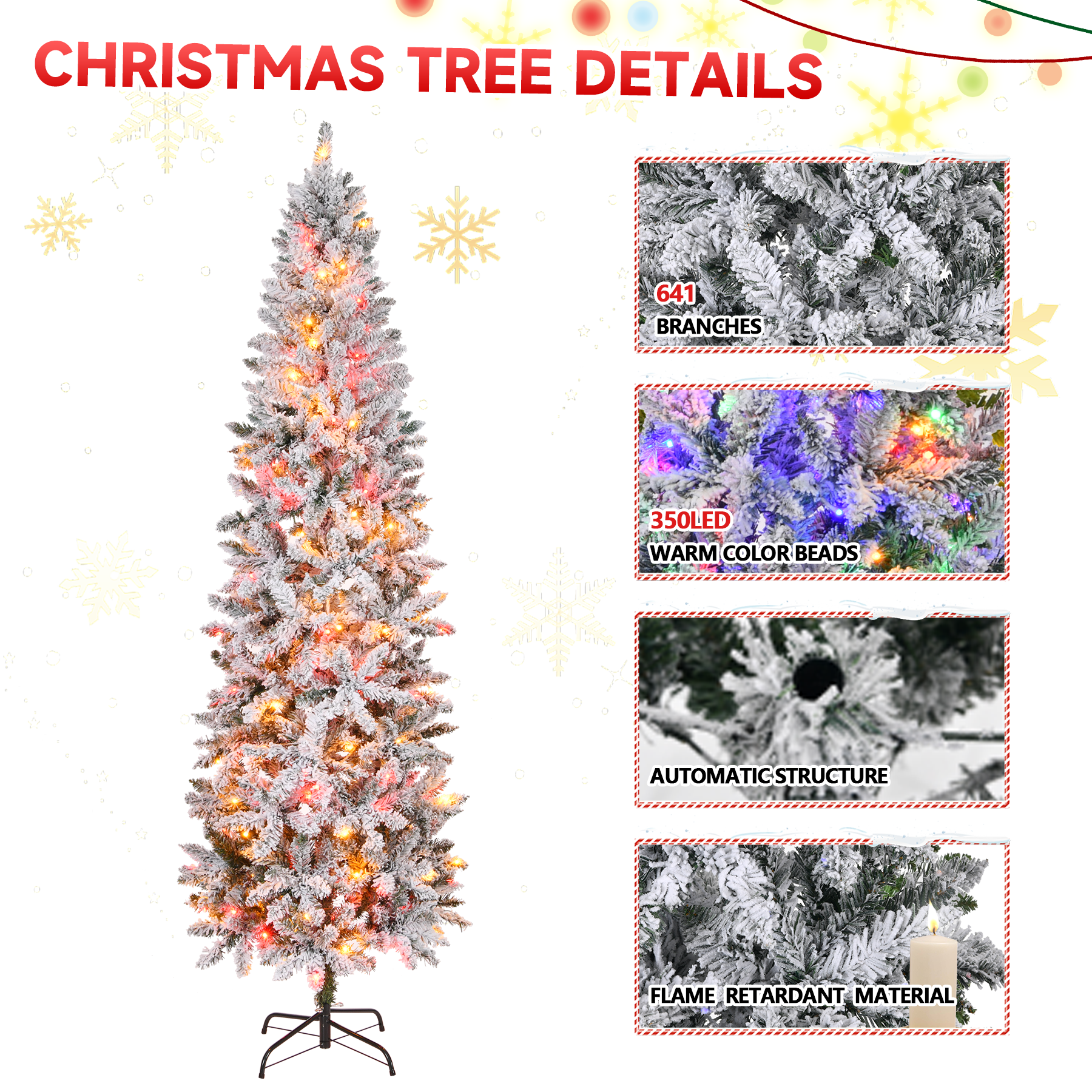 Fenbeli 7.5ft Pencil Prelit Christmas Tree with 350 LED Lights Artificial Slim Christmas Tree with Stand