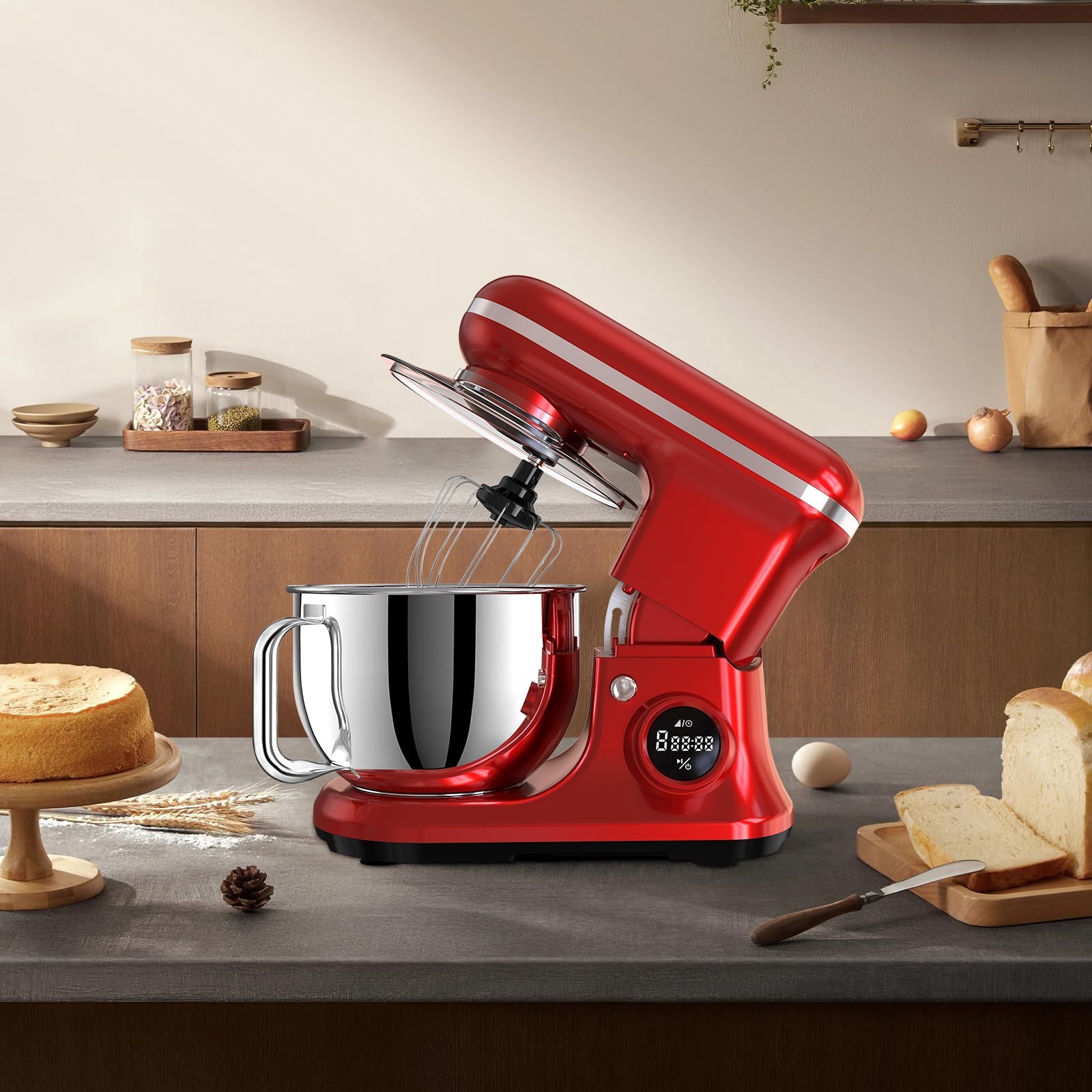 Fenbeli 5.3Qt Stand Mixer,650 W 8 Speeds Kitchen Electric Food Mixer for Daily Use with Egg Whisk,Dough Hook,Flat Beater,Red