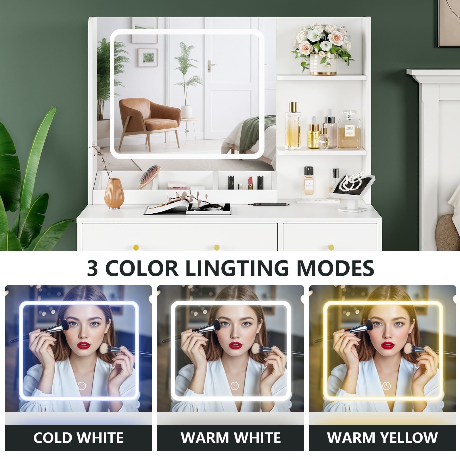 Fenbeli White Vanity Desk with Lighted Mirror, Makeup Table with Charging Station, Large Vanity Set with 3 Storage Compartments for Bedroom