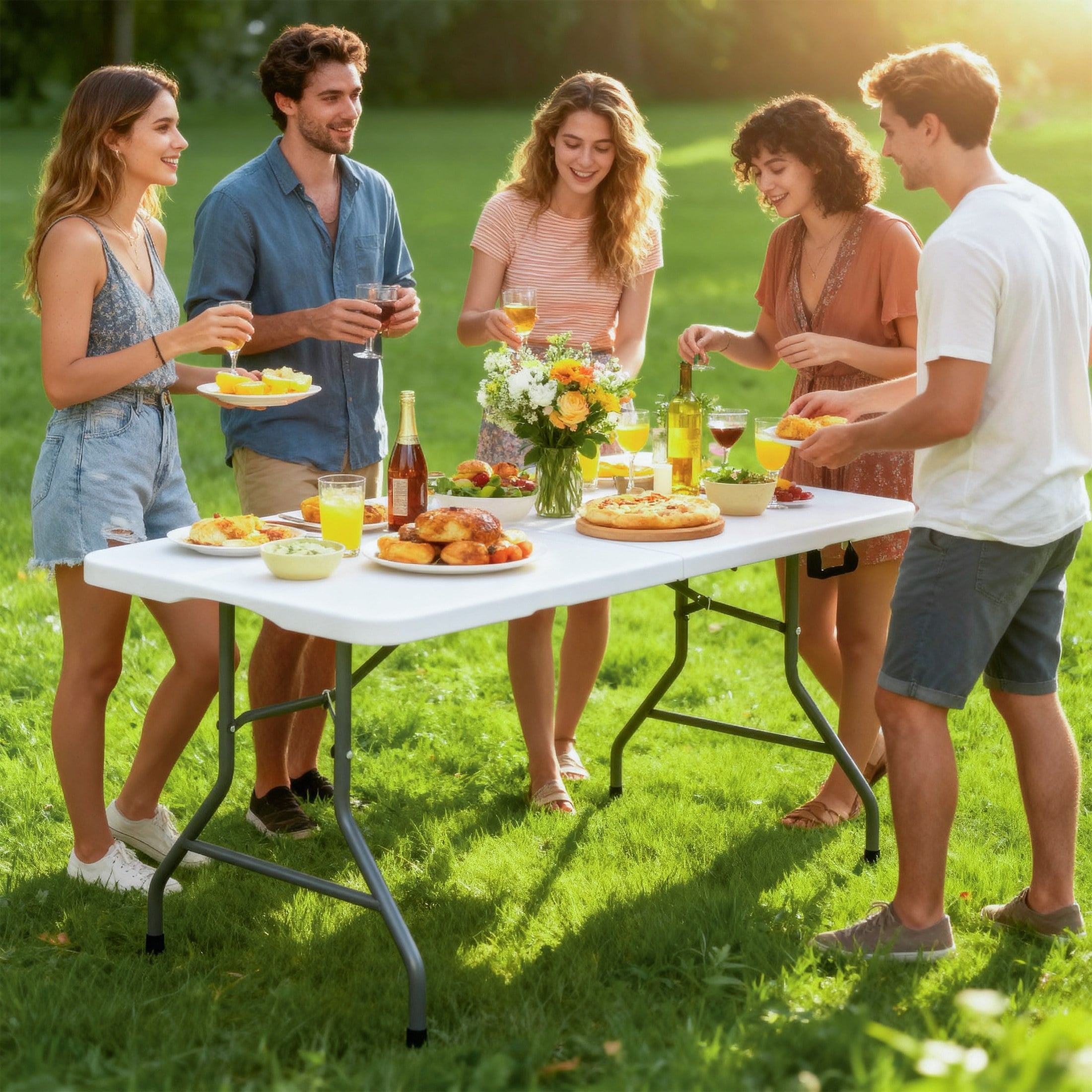 Furnibear Folding Table 6ft Portable Rectangular Indoor Outdoor Table, Fold in Half with Carry Handle, White