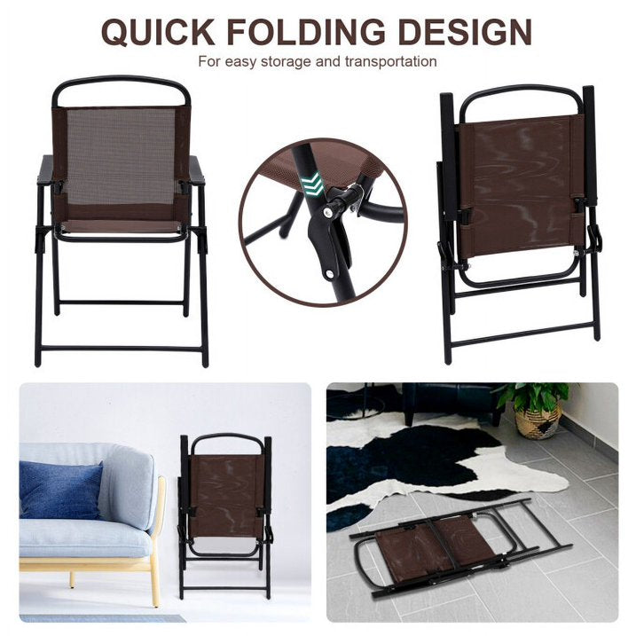 TBKLEY 2pcs Patio Folding Sling Back Chair with Armrests, Portable Metal Outdoor Chairs for Indoor Outdoor Garden Poolside Yard, Brown