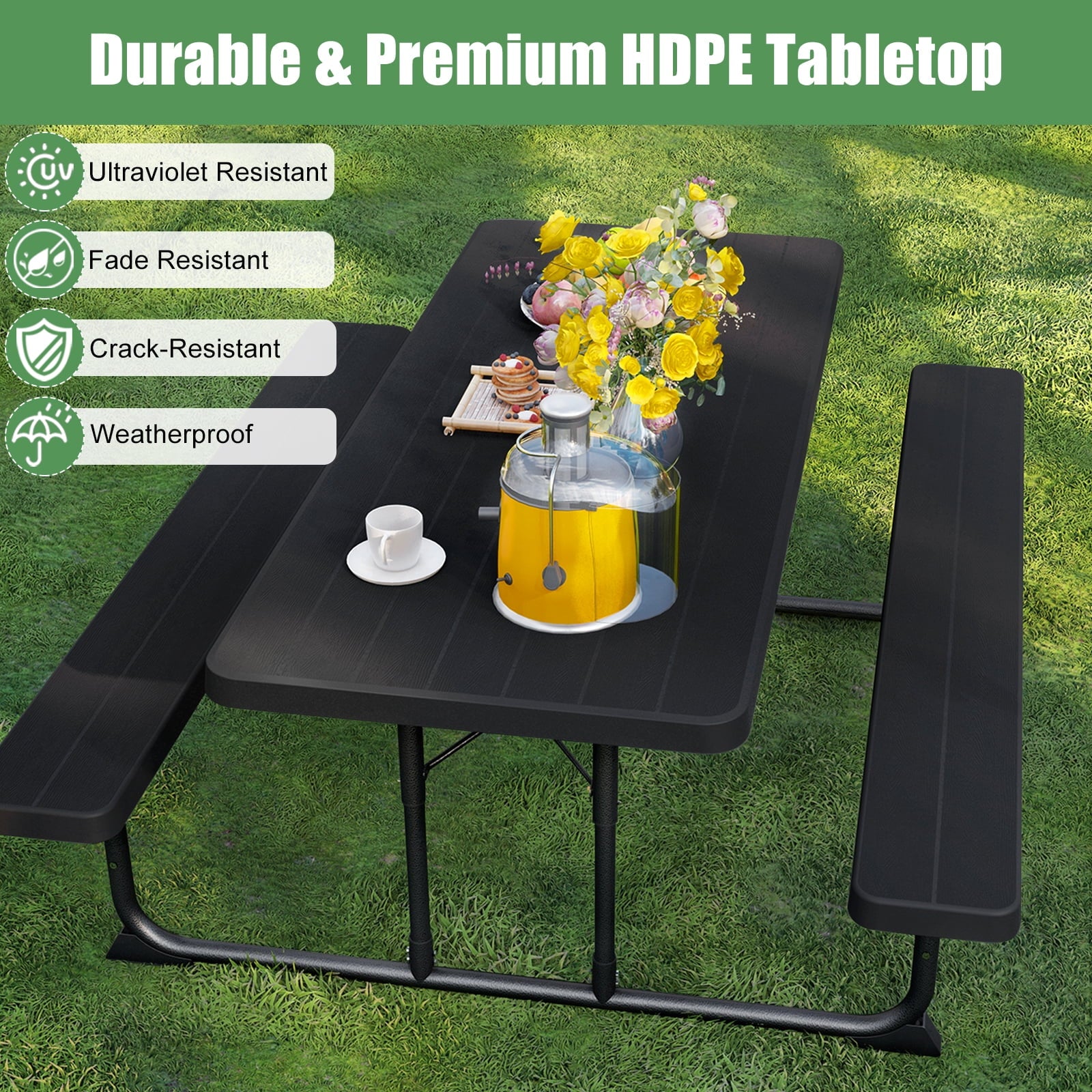 Fenbeli 6-Foot Outdoor Folding Picnic Table, Black