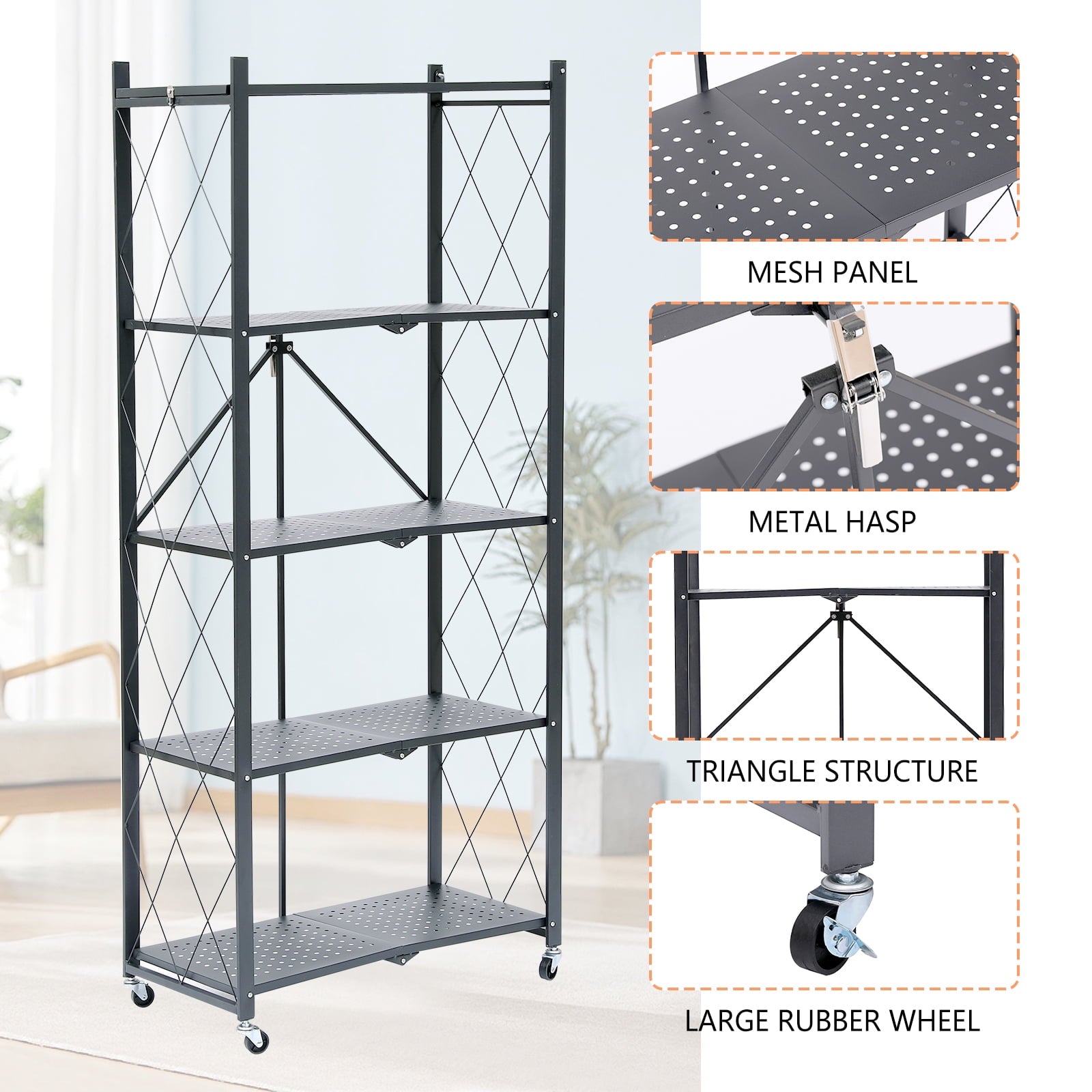 Fenbeli 5-Tier Storage Shelving Unit, Metal Shelf, Foldable Storage Shelf with Wheels, Garage Shelf, Metal Storage Rack with 3 Hooks