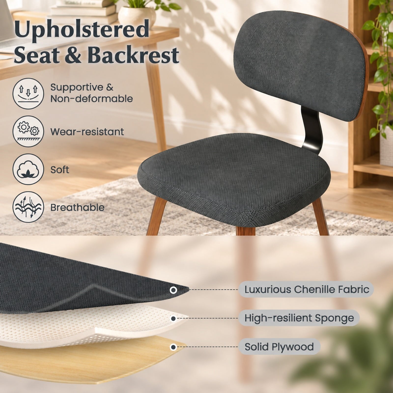 Fenbeli Chenille Fabric Upholstered Wooden Kitchen Chairs Set of 2, 330 lbs Capacity, Chenille Sponge Bentwood Metal Frame, Dark Gray