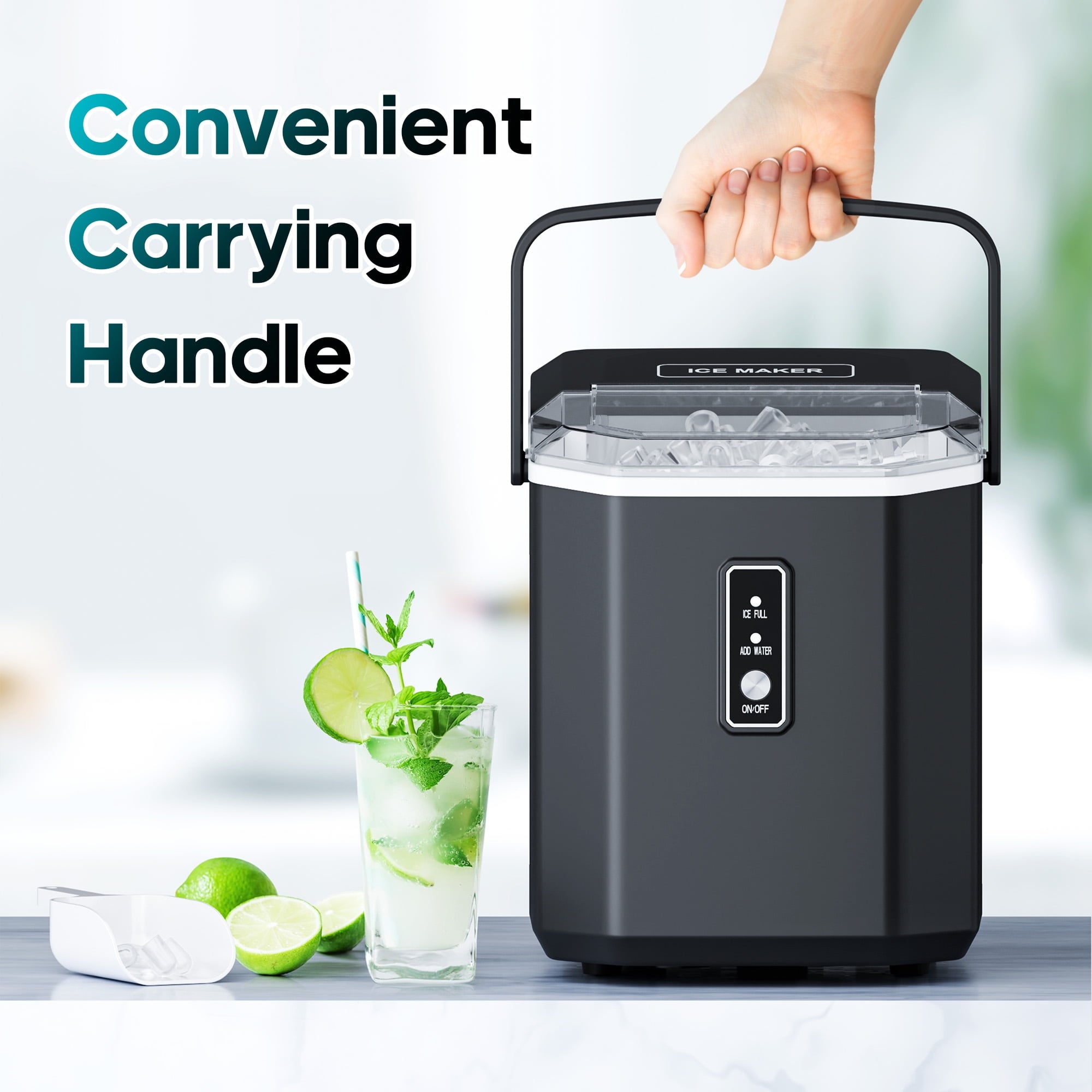 Fenbeli 26lbs/24H Countertop Ice Maker Machine with Handle, Portable Ice Maker Machine with Auto-Cleaning, Black