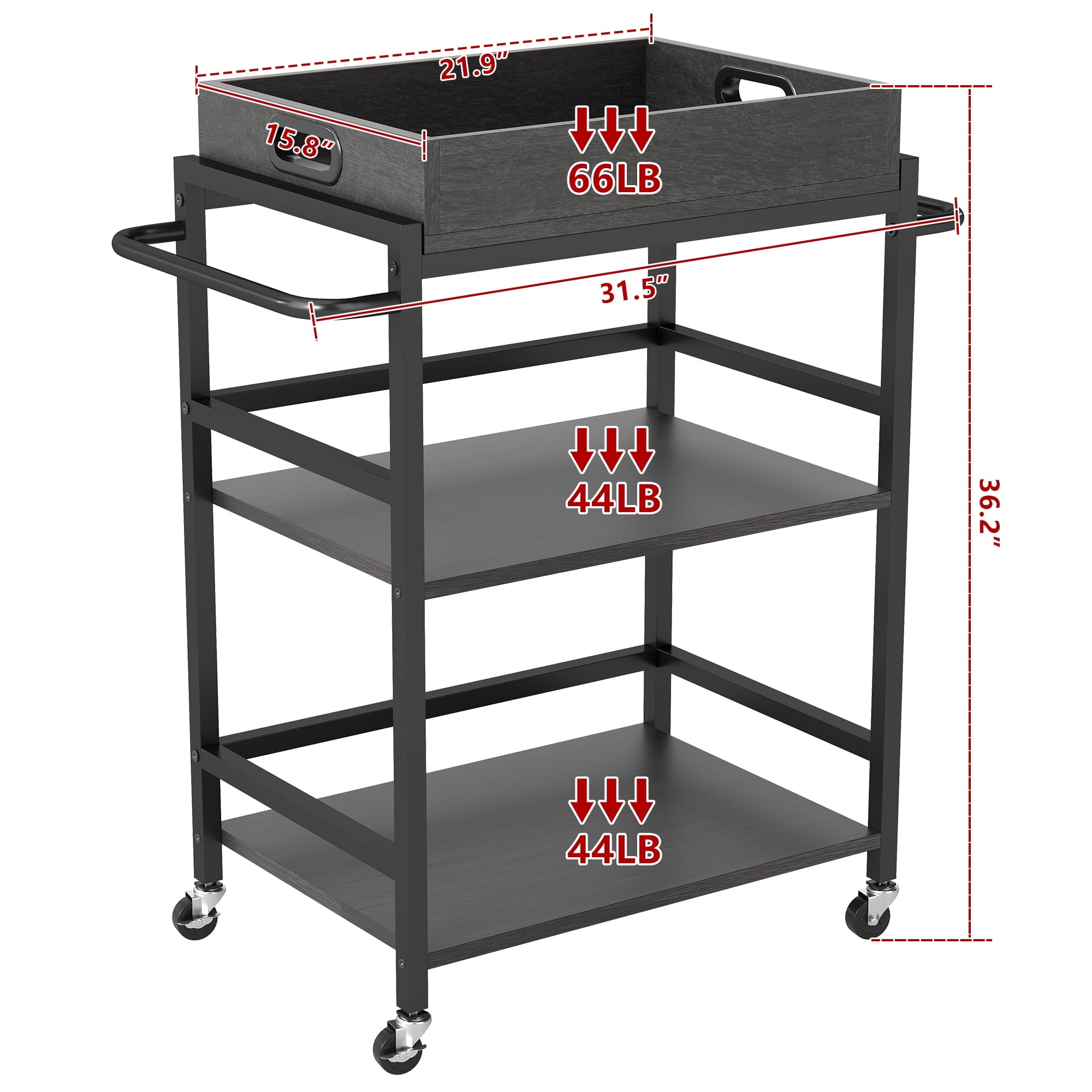 Fenbeli 3-Tier Rolling Kitchen Cart with Removable Wooden Storage Box and Wheels, Gray, 21.9L x 15.8W x 36.2H