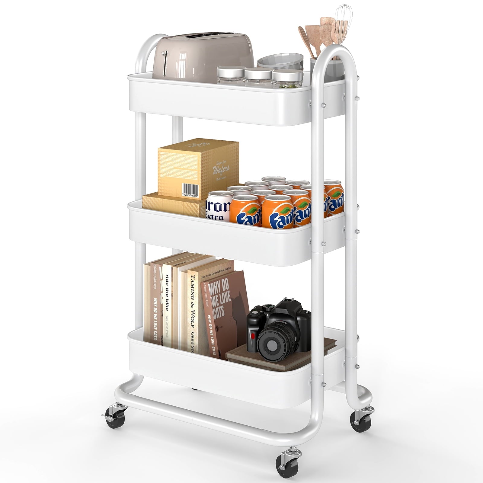 Fenbeli 3-Tier Metal Rolling Utility Cart with Wheels, White, 18L x 13.4W x 31H