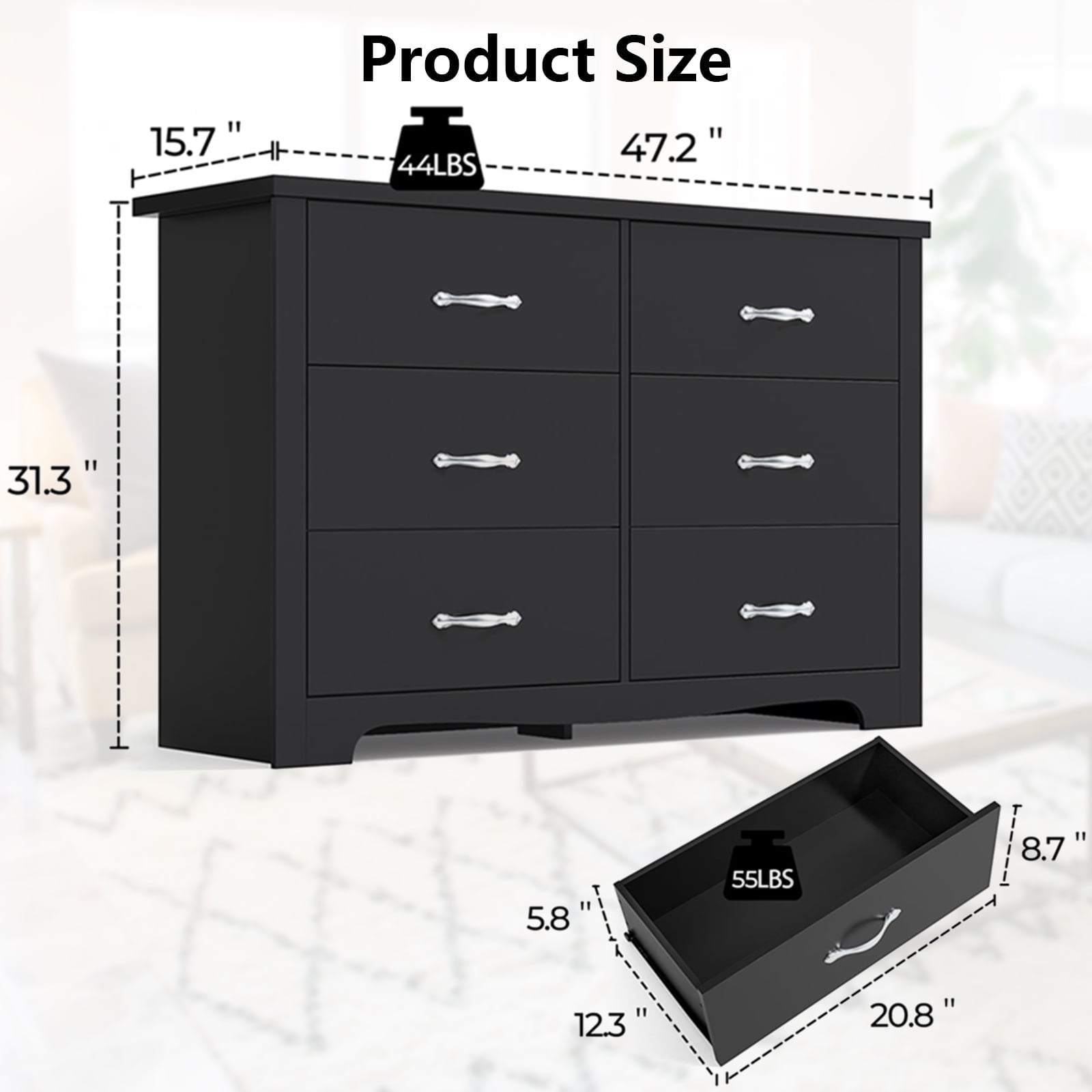 Fenbeli 6 Drawer Dresser, Black Finish