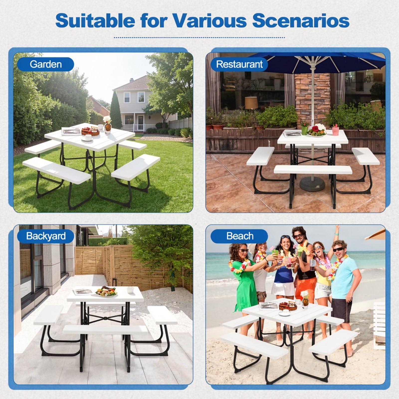 Fenbeli 8-Person Square Picnic Table and Bench Set with Umbrella Hole, HDPE Outdoor