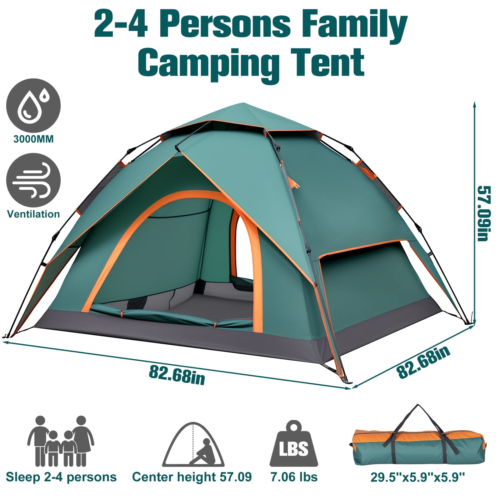 3-4 Person Instant Pop-Up Camping Tent with Carry Bag Double Layer Waterproof Tents for Beach Traveling Outdoor Green