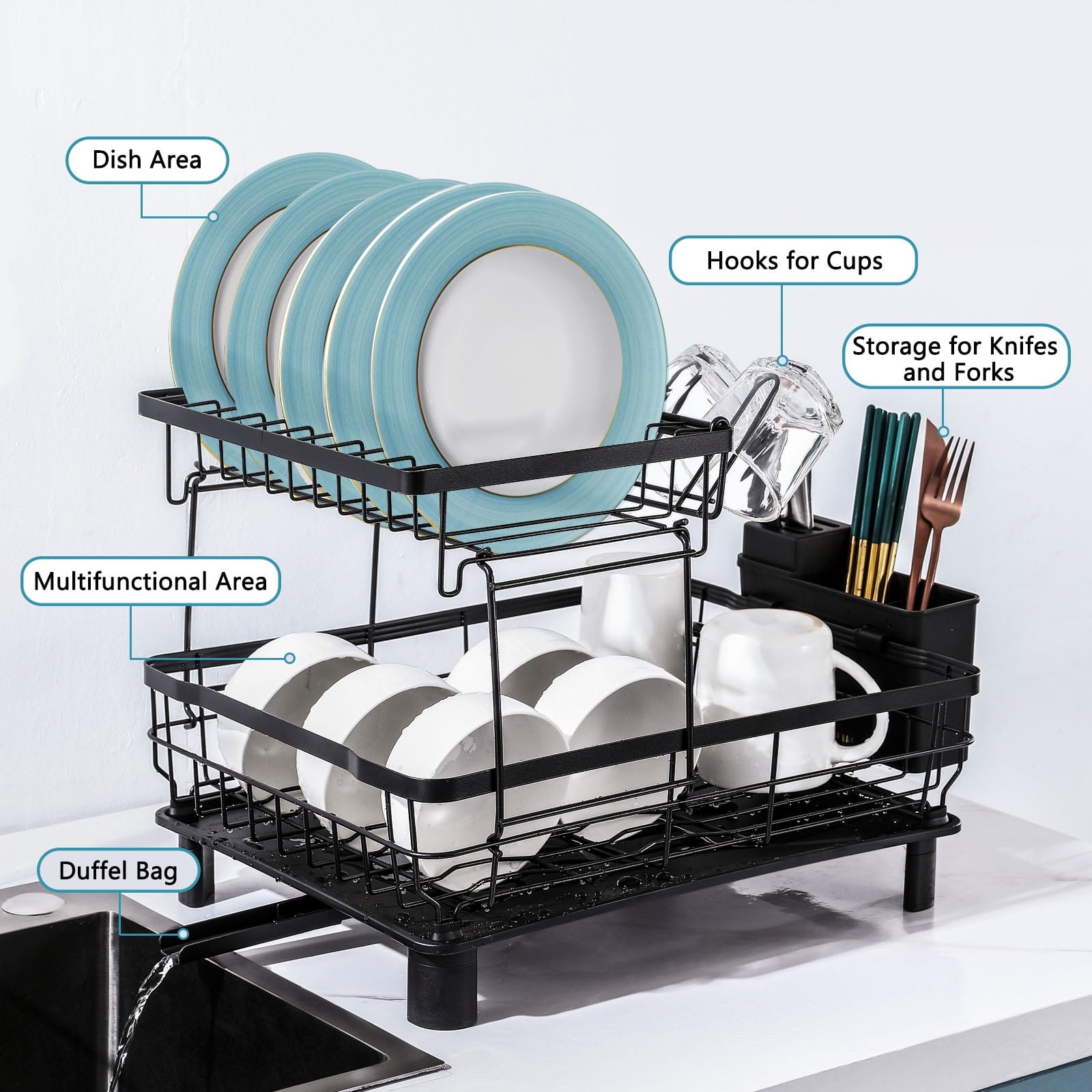 Fenbeli Dish Drying Rack Stainless Steel 2-Tier Detachable Dish Rack with Drain Board Tray Black
