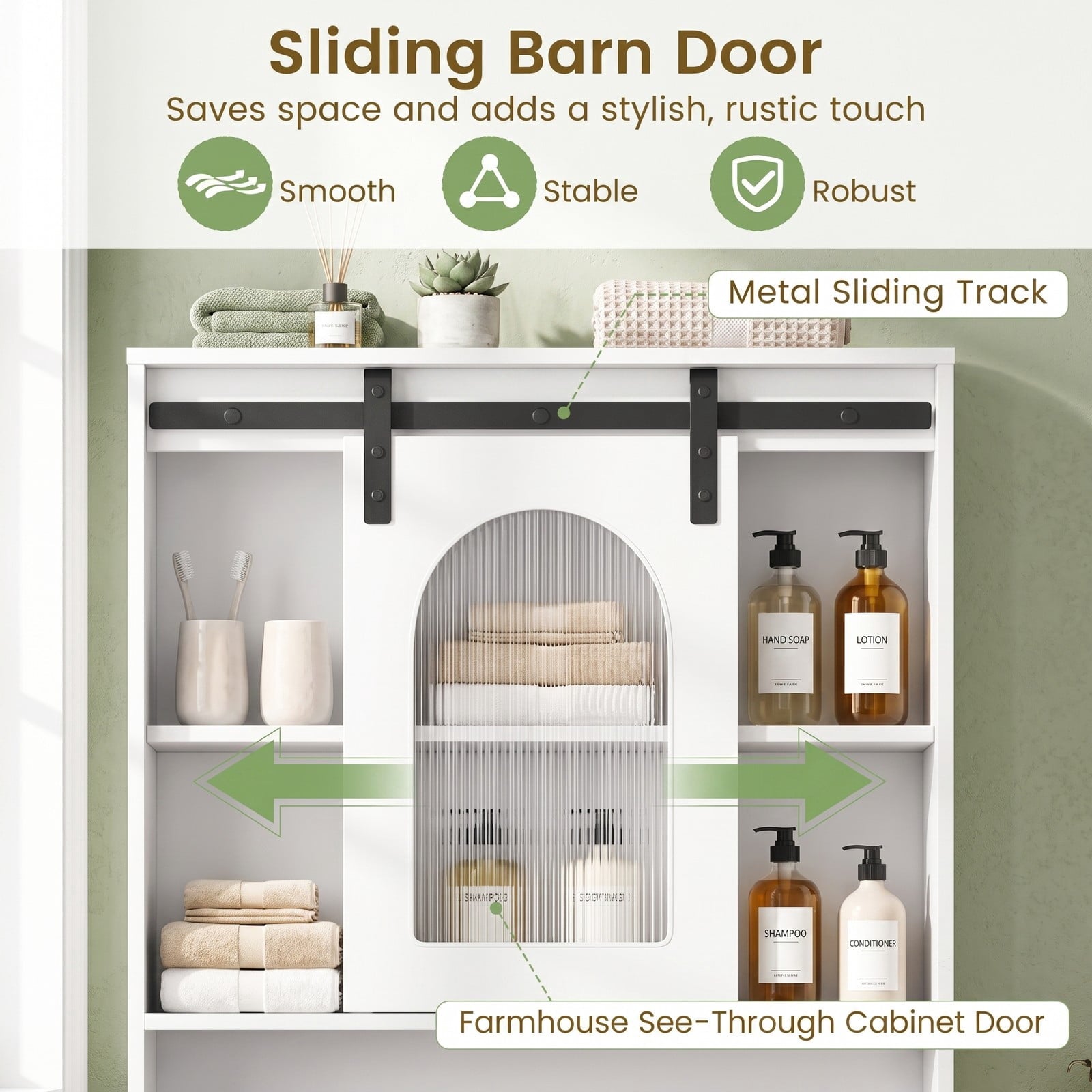 Fenbeli Over The Toilet Storage Cabinet with Sliding Barn Door and Open Shelves, Farmhouse Bathroom Space Saver Organizer Over Toilet Rack with Side Hooks, White