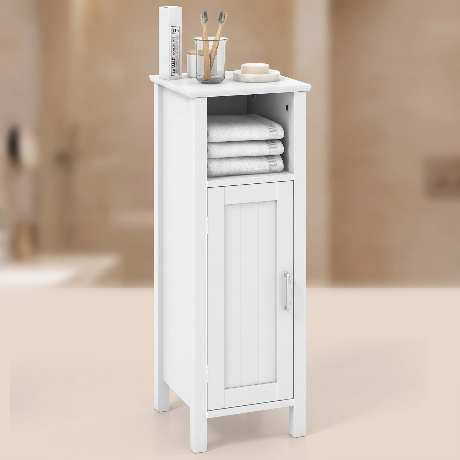 Fenbeli 1-Door Freestanding Bathroom Cabinet with Open Shelf, 2-Tier Floor Storage Organizer and Anti-Tip MDF Corner Cabinet for Bathroom Bedroom Living Room, White