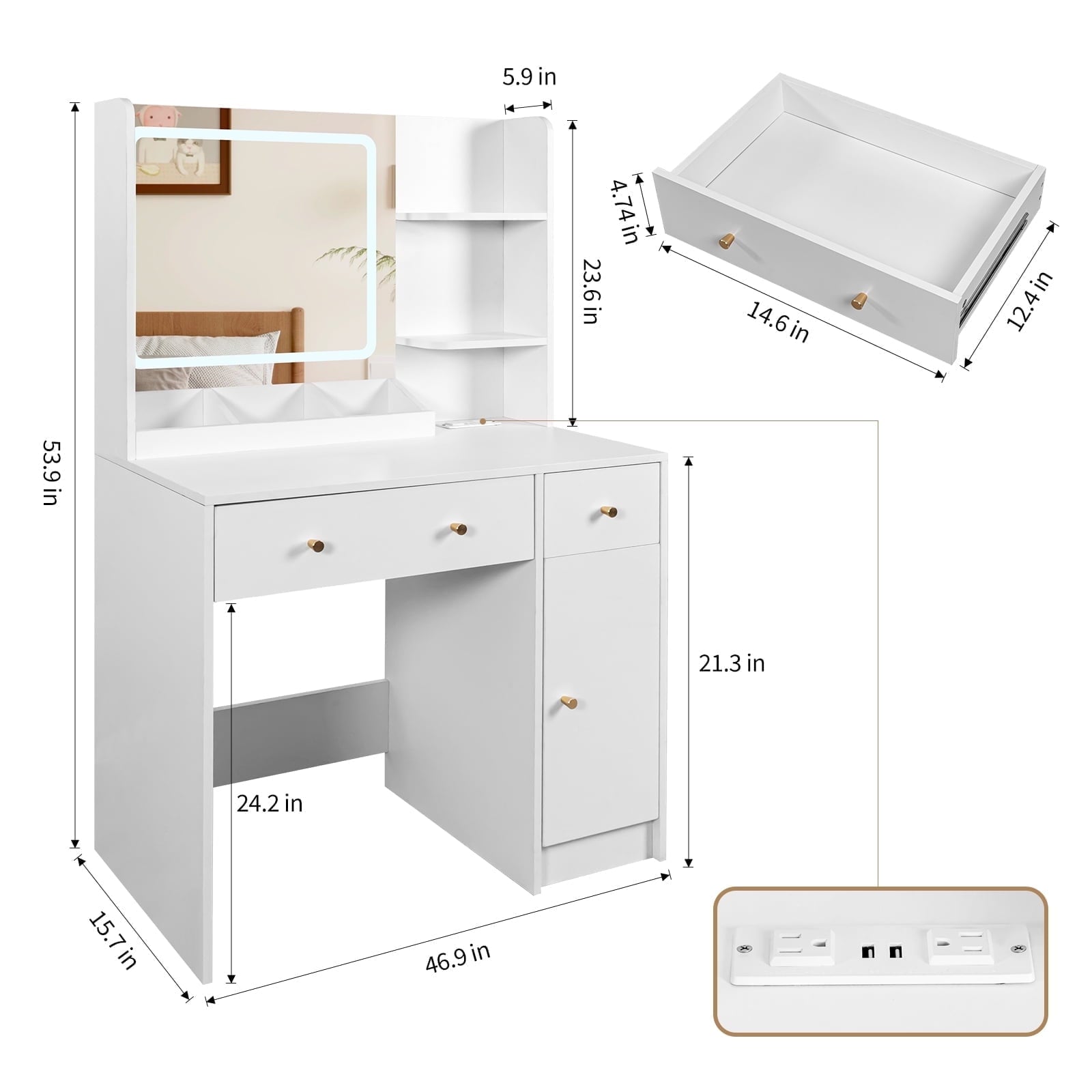 Fenbeli White Vanity Desk with Lighted Mirror, Makeup Table with Charging Station, Large Vanity Set with 3 Storage Compartments for Bedroom