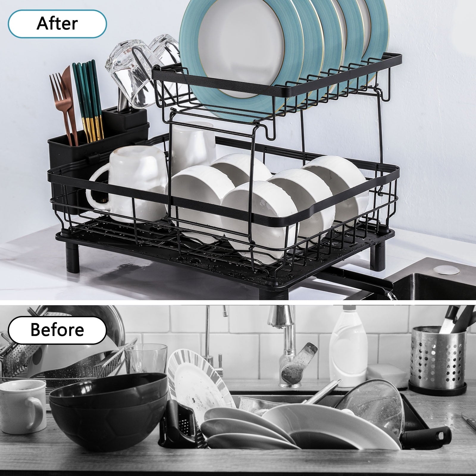 Fenbeli Dish Drying Rack Stainless Steel 2-Tier Detachable Dish Rack with Drain Board Tray Black
