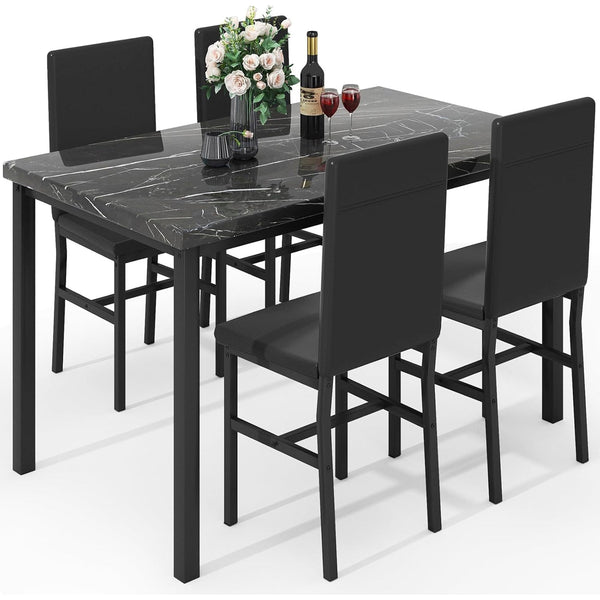 5 Piece Modern Dining Table Set with Faux Marble Tabletop and 4 PU Leather Upholstered Chairs