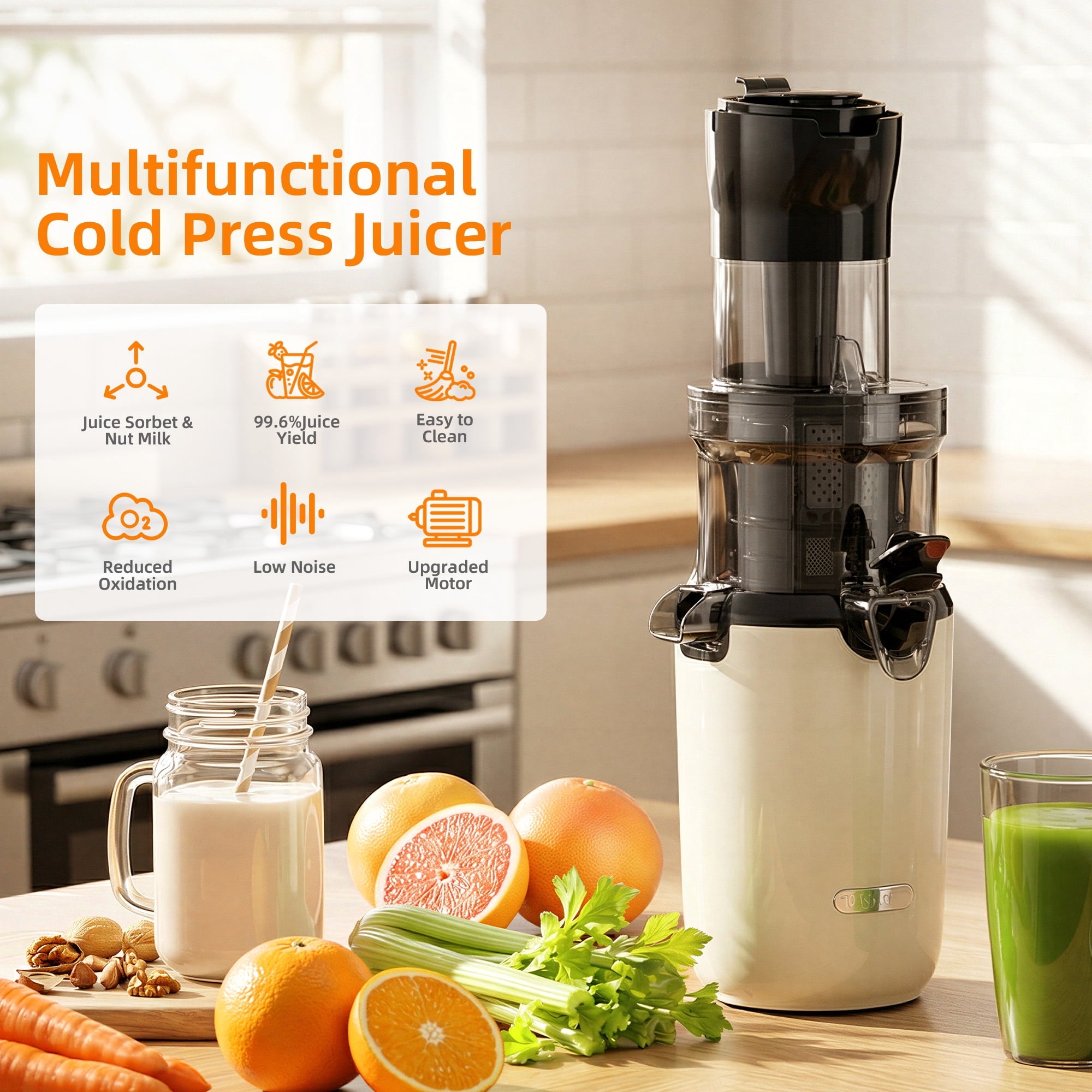 Fenbeli Juicer Machine,Cold Press Juicer with Wide Mouth 3.2 inch Feed Chute for Fruit Vegetable, Easy to Clean