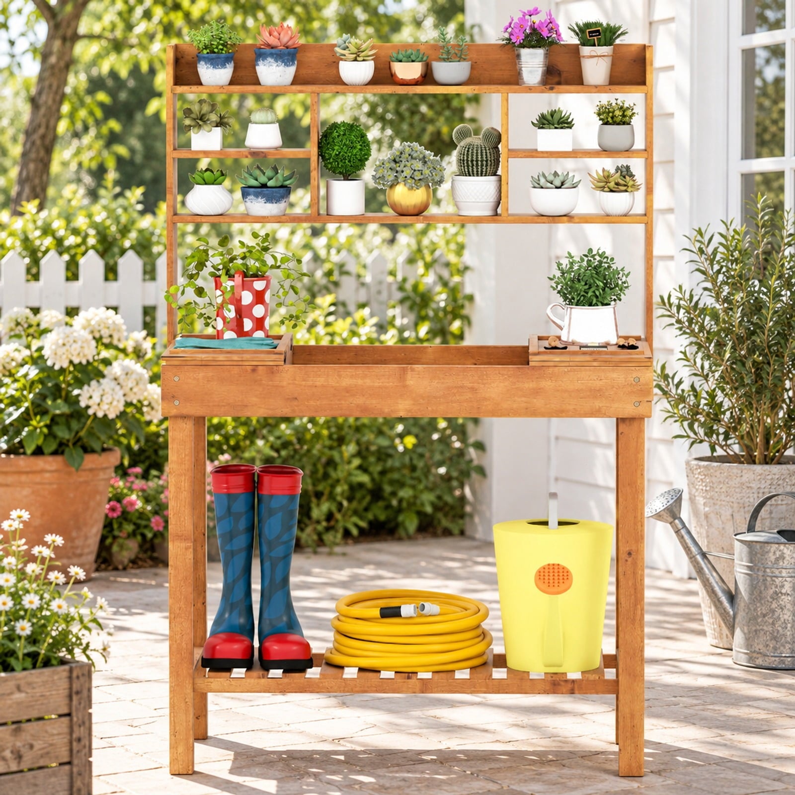 Fenbeli Wooden Potting Bench Table Garden Planting Workstation with 3-Tier Open Shelf, Upper Shelf 22 lbs Capacity, Fir Wood Frame, Brown