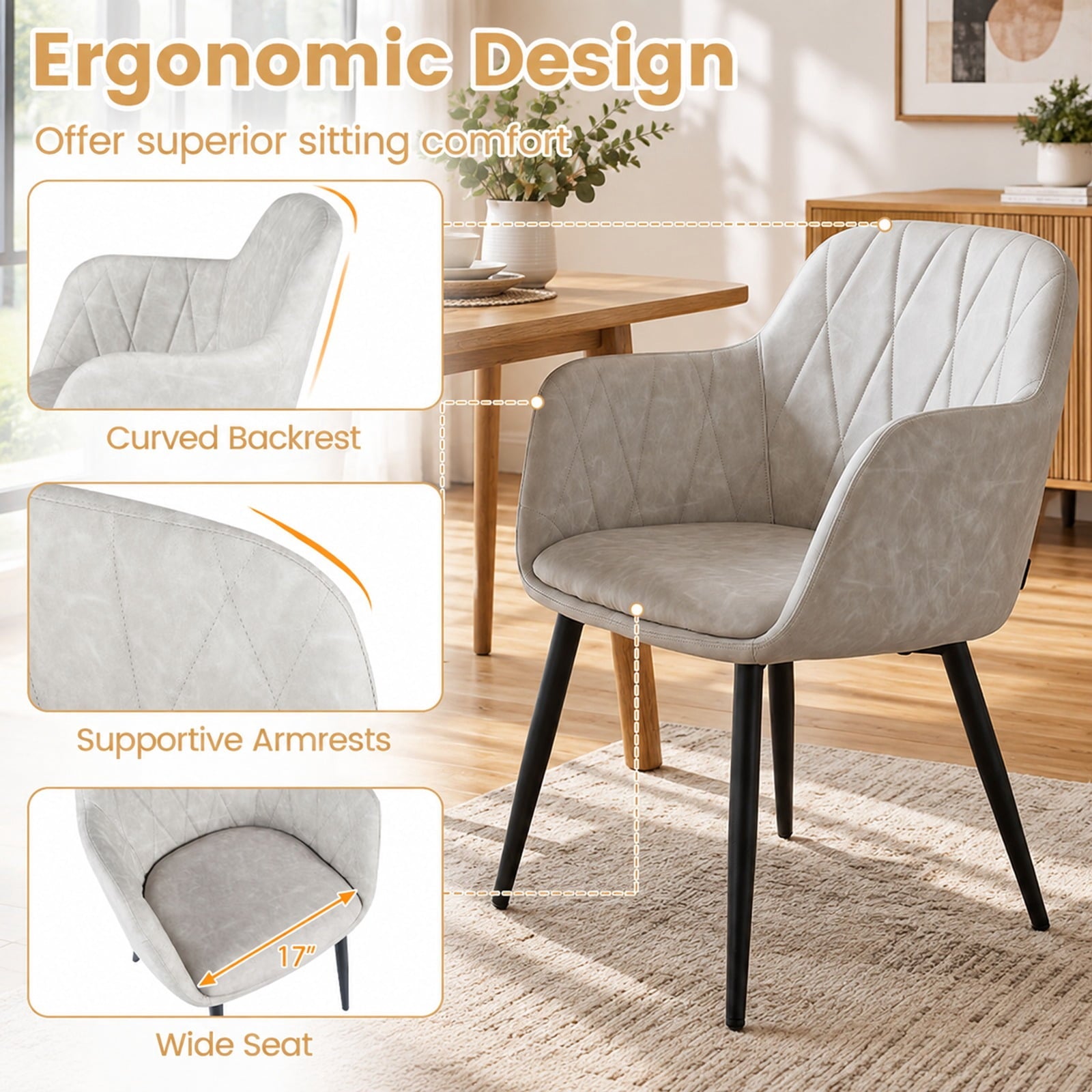 Fenbeli Upholstered PU Leather Kitchen Chairs Set of 2 with Curved Back and Wide Seat, Chair 396 lbs Total Capacity, PU Leather Metal Sponge Frame
