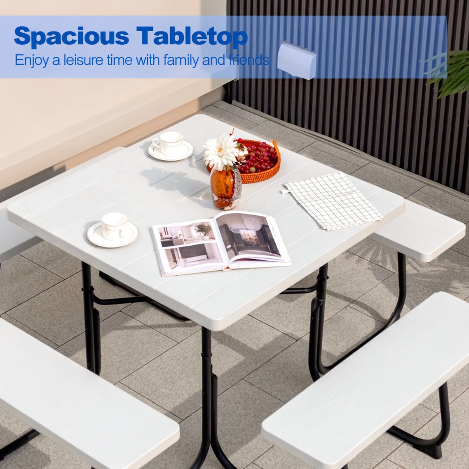 Fenbeli 8-Person Square Picnic Table and Bench Set with Umbrella Hole, HDPE Outdoor