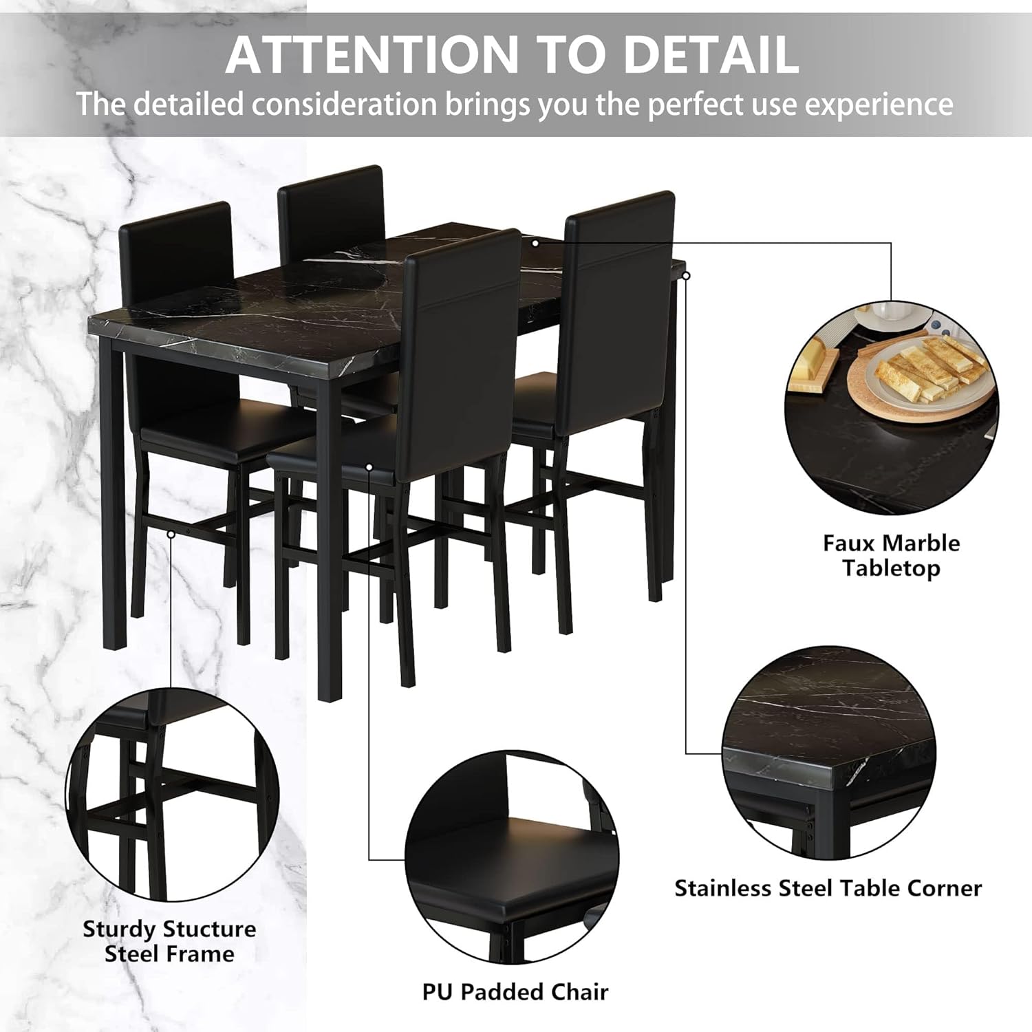 5 Piece Modern Dining Table Set with Faux Marble Tabletop and 4 PU Leather Upholstered Chairs